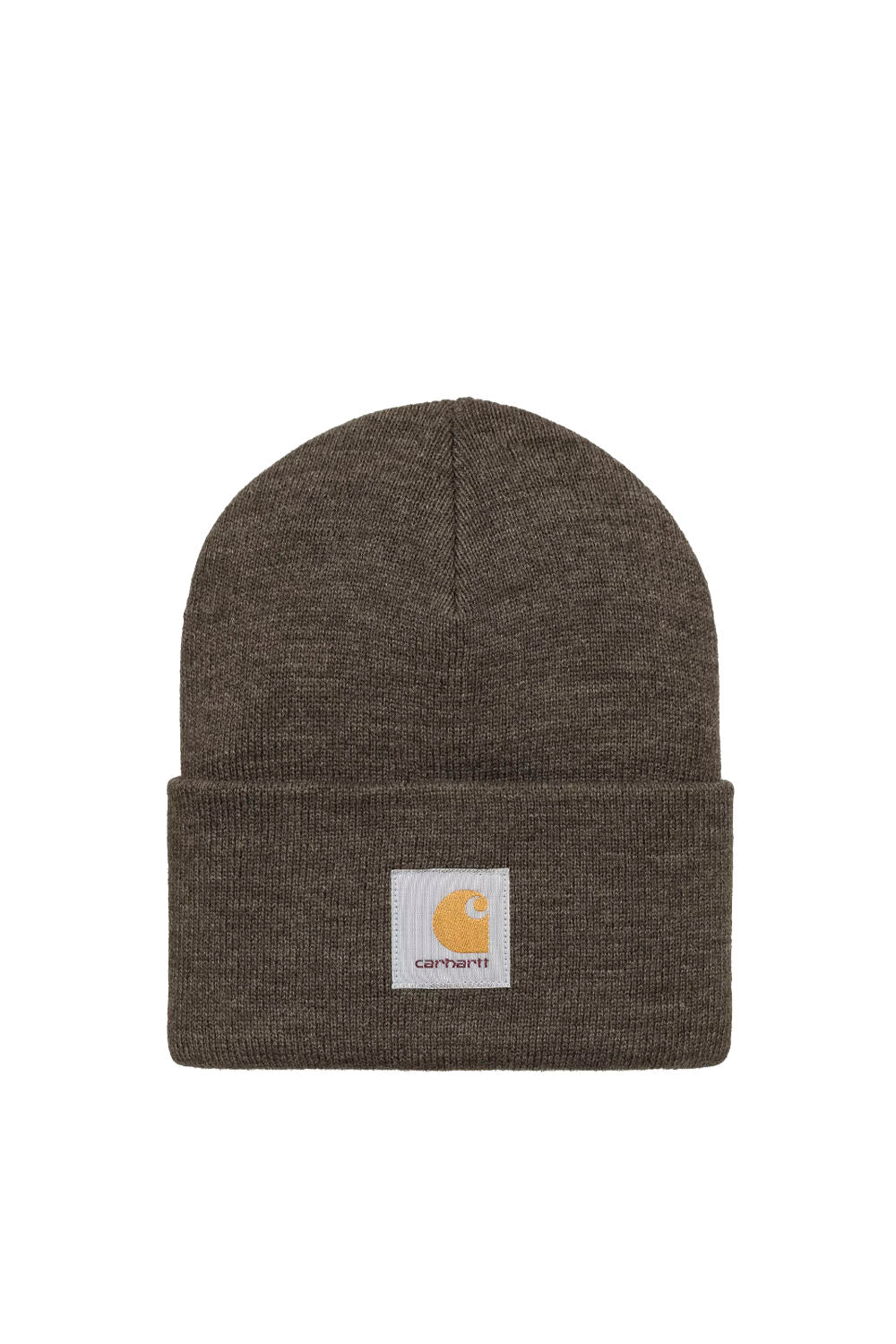 A dark brown heathered knit beanie hat with a folded cuff and a white Carhartt logo patch on the front, set against a plain white background.