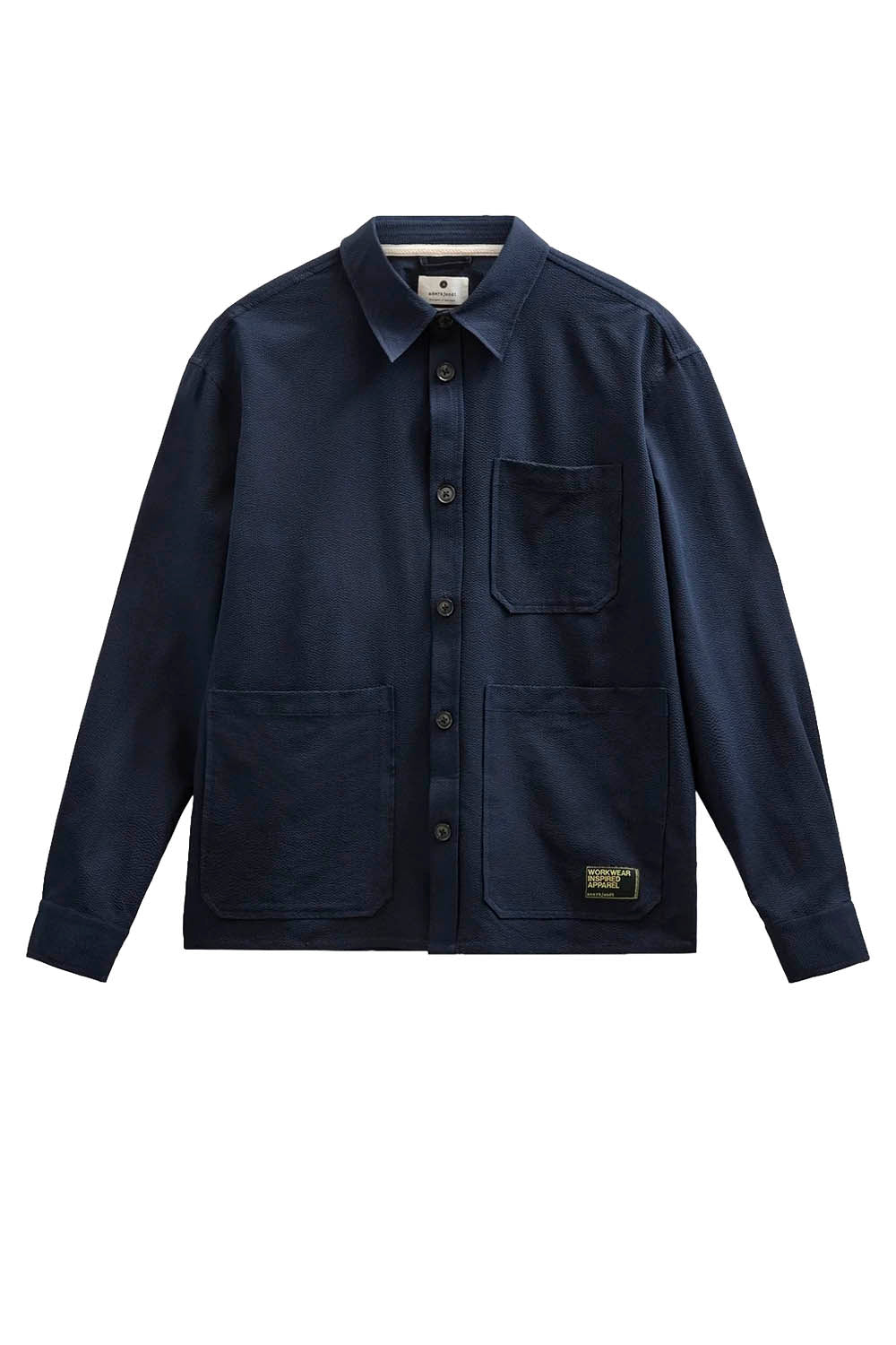 A dark navy blue jacket with a button-up front, a single chest pocket, and two large front patch pockets, shown against a plain white background.