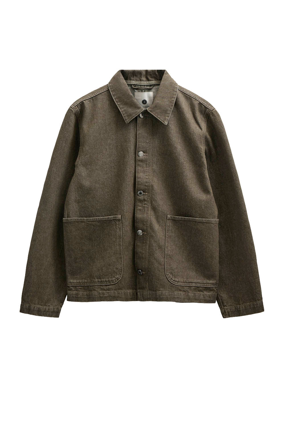 A dark brown denim jacket with a button-up front, collar, and two front patch pockets, shown on a plain white background.