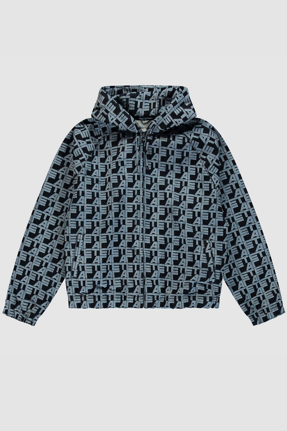 A hooded jacket featuring an all-over repeating FF logo monogram pattern in navy blue and white, presented on a light gray background.