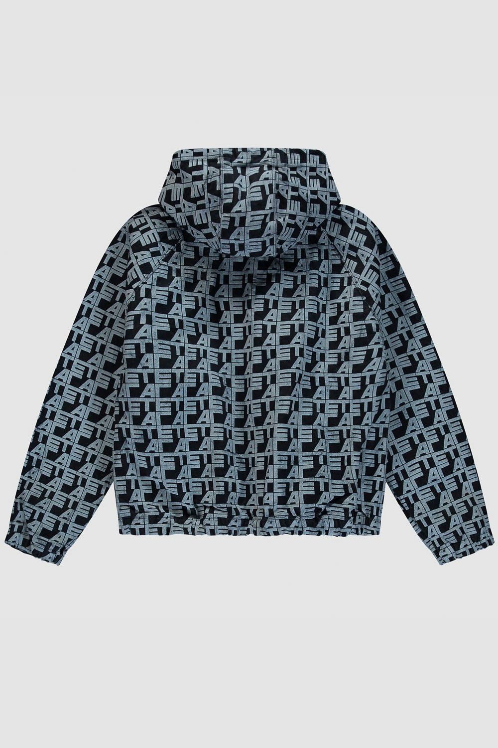 A hooded jacket with a black and white geometric monogram pattern, displayed flat against a light gray background.