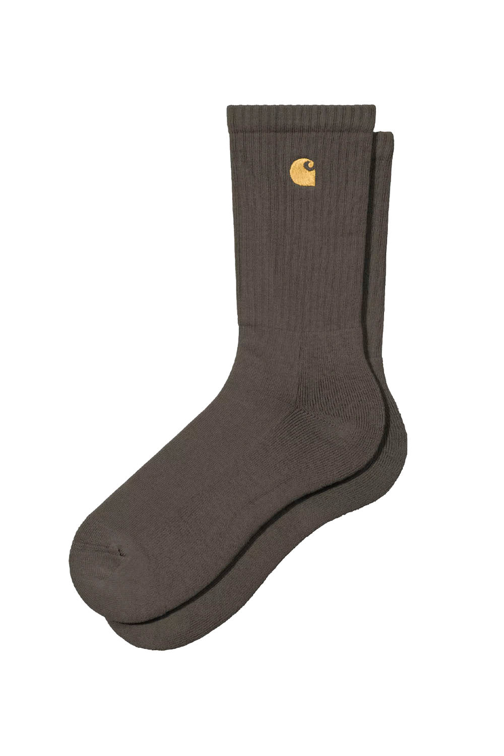 A pair of dark brown ribbed crew socks with a small gold Carhartt logo on the upper cuff, displayed against a solid white background.