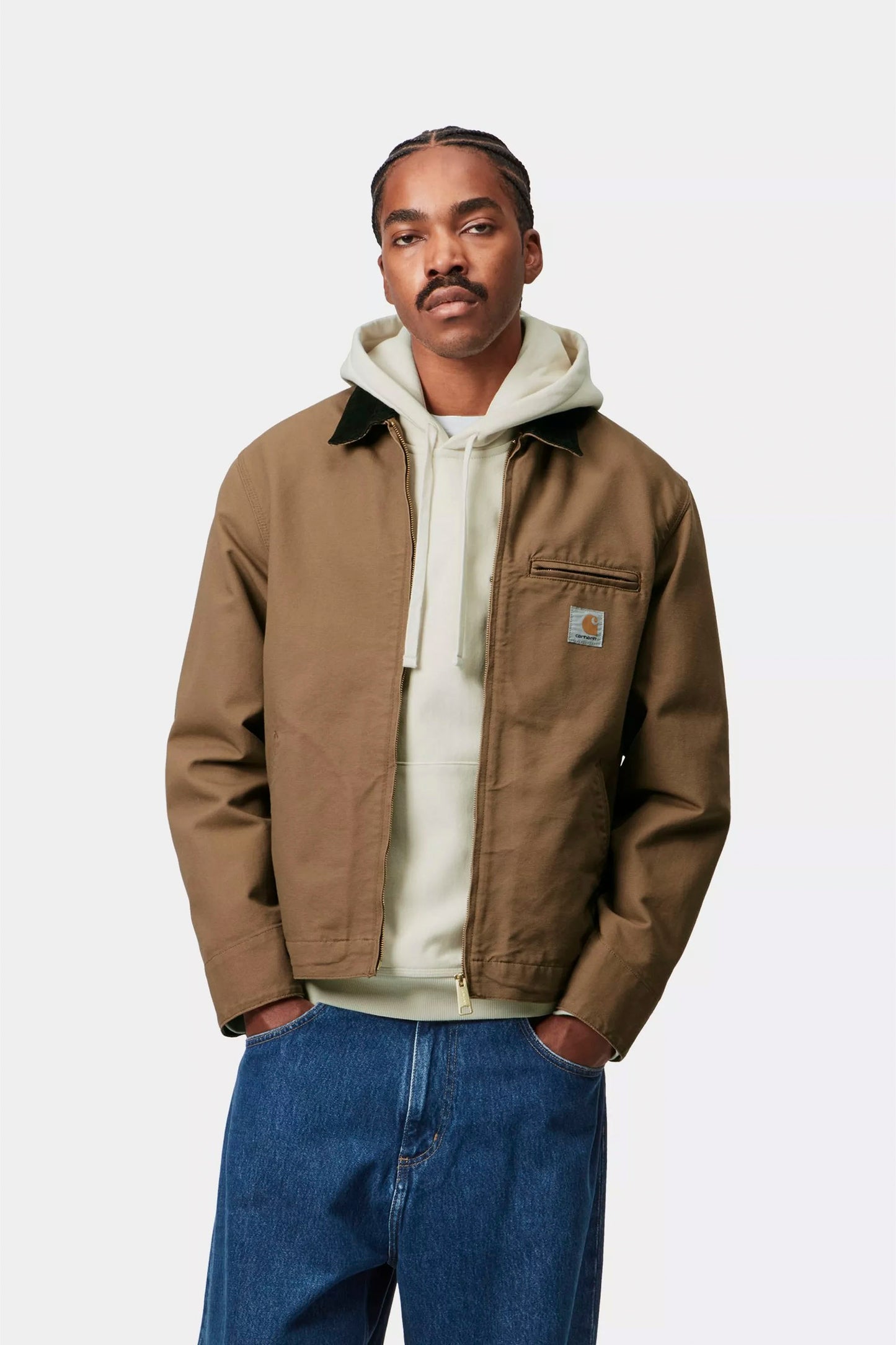 Carhartt WIP Detroit Jacket in hamilton brown - front view with zipper closure and corduroy collar