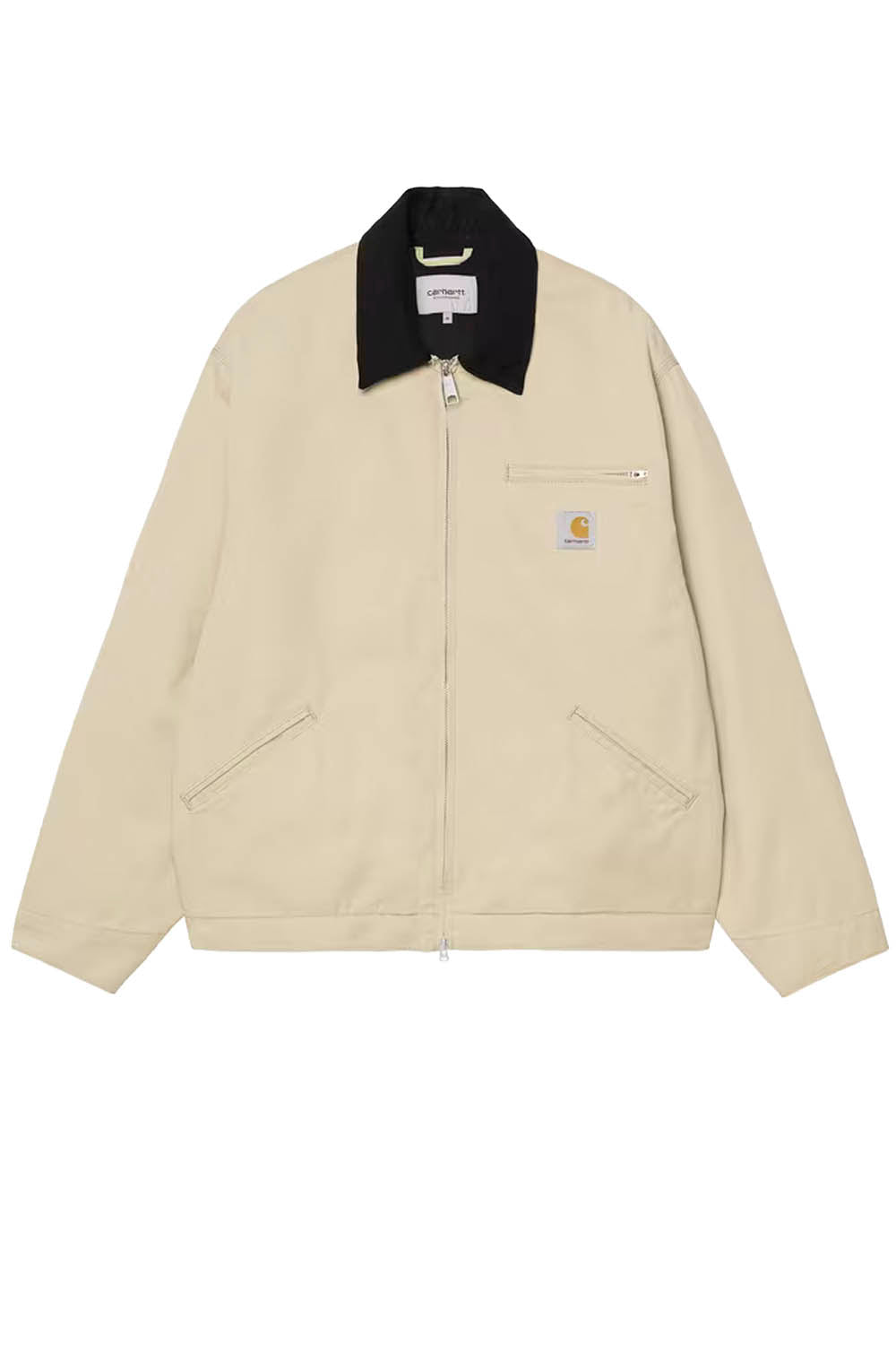 Beige jacket with black collar on a white background