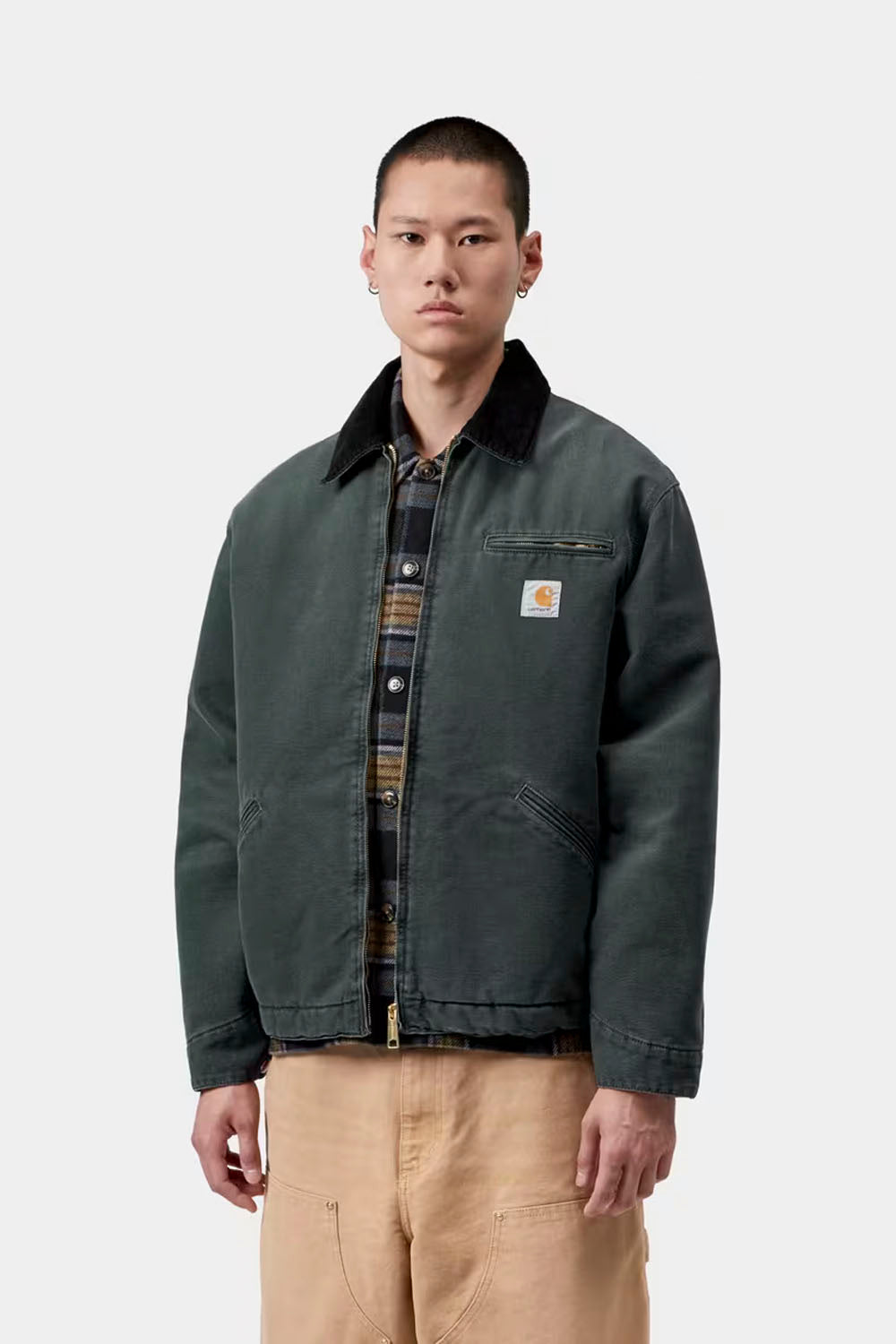 xCARHARTT WIP OG Detroit Jacket in Raven Black Stone Canvas — front flat lay showing black canvas jacket with button front closure and multiple pockets
