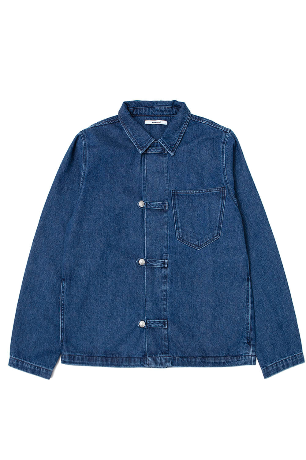 A blue denim utility jacket with a pointed collar, button-front closure, and a chest pocket, shown flat on a white background.