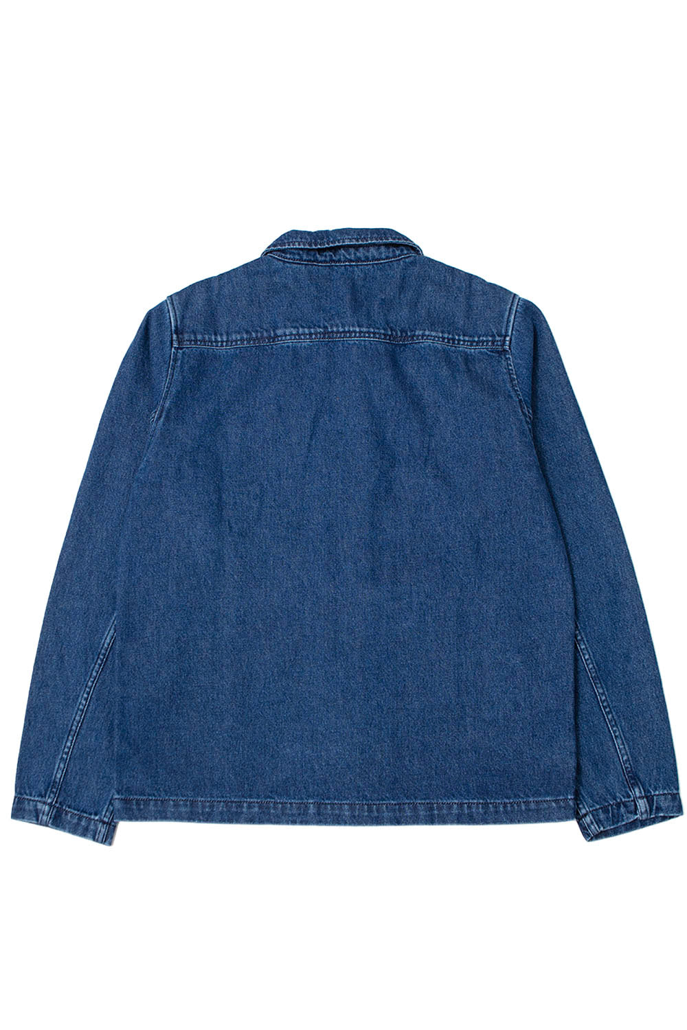 A blue denim jacket shown from the back, laid flat against a solid white background.