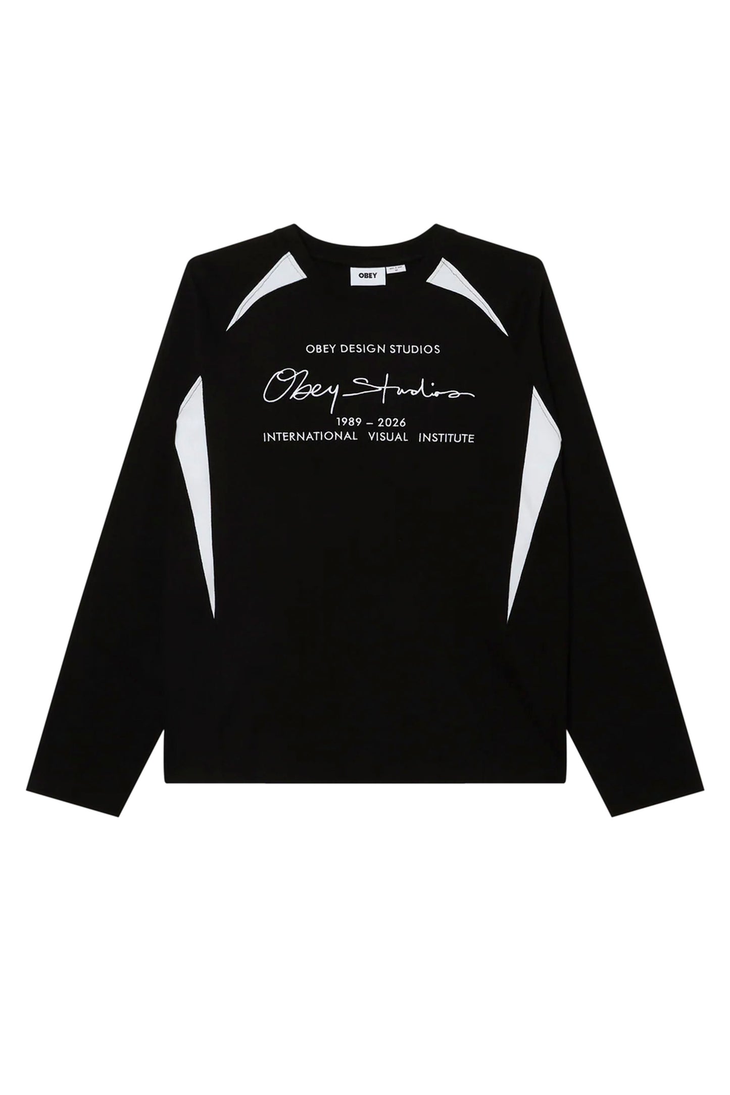 Black long-sleeve OBEY League Shirt with white text and accents on a white background