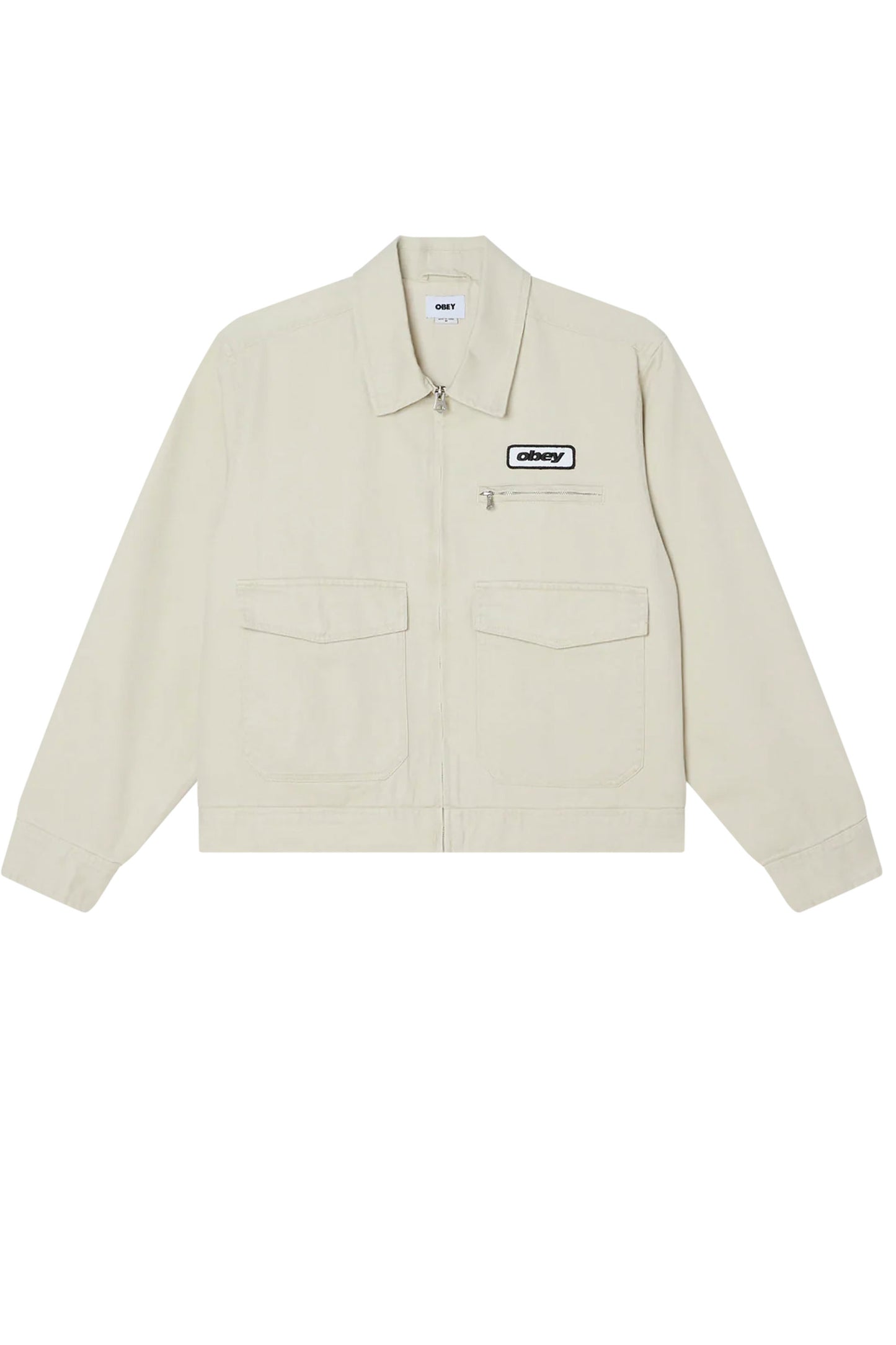 Beige OBEY Walter Work Jacket with a brand logo on a white background