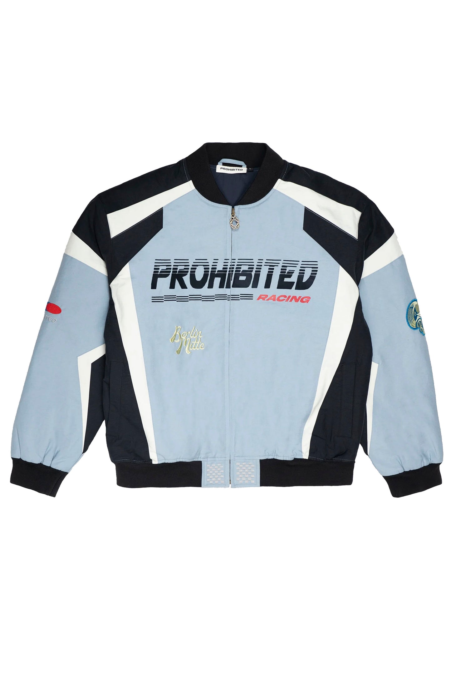 Blue PROHIBITED Hyperlane racing jacket on a white background
