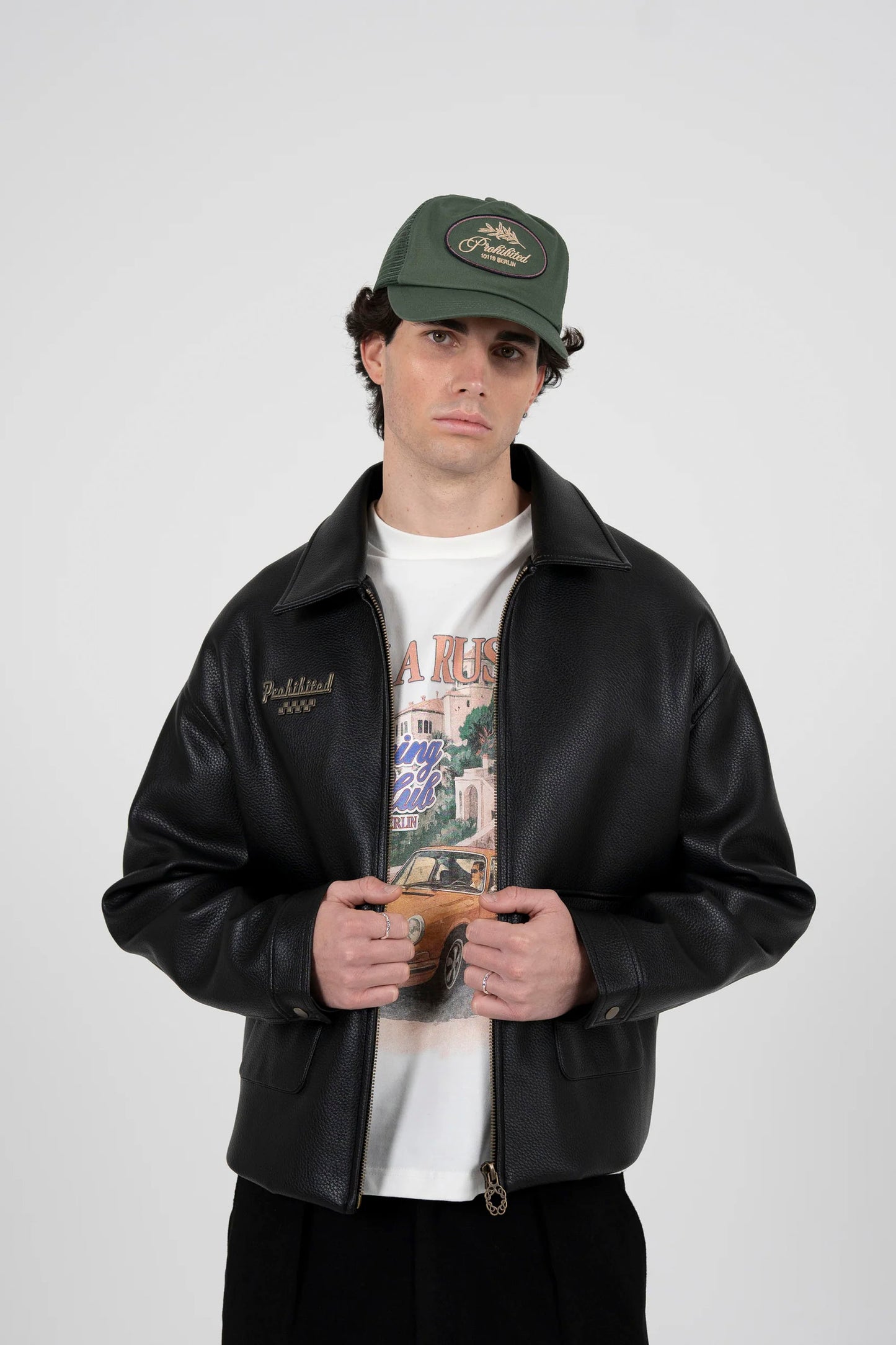 Man wearing PROHIBITED Speedhunter bomber jacket in black - front view
