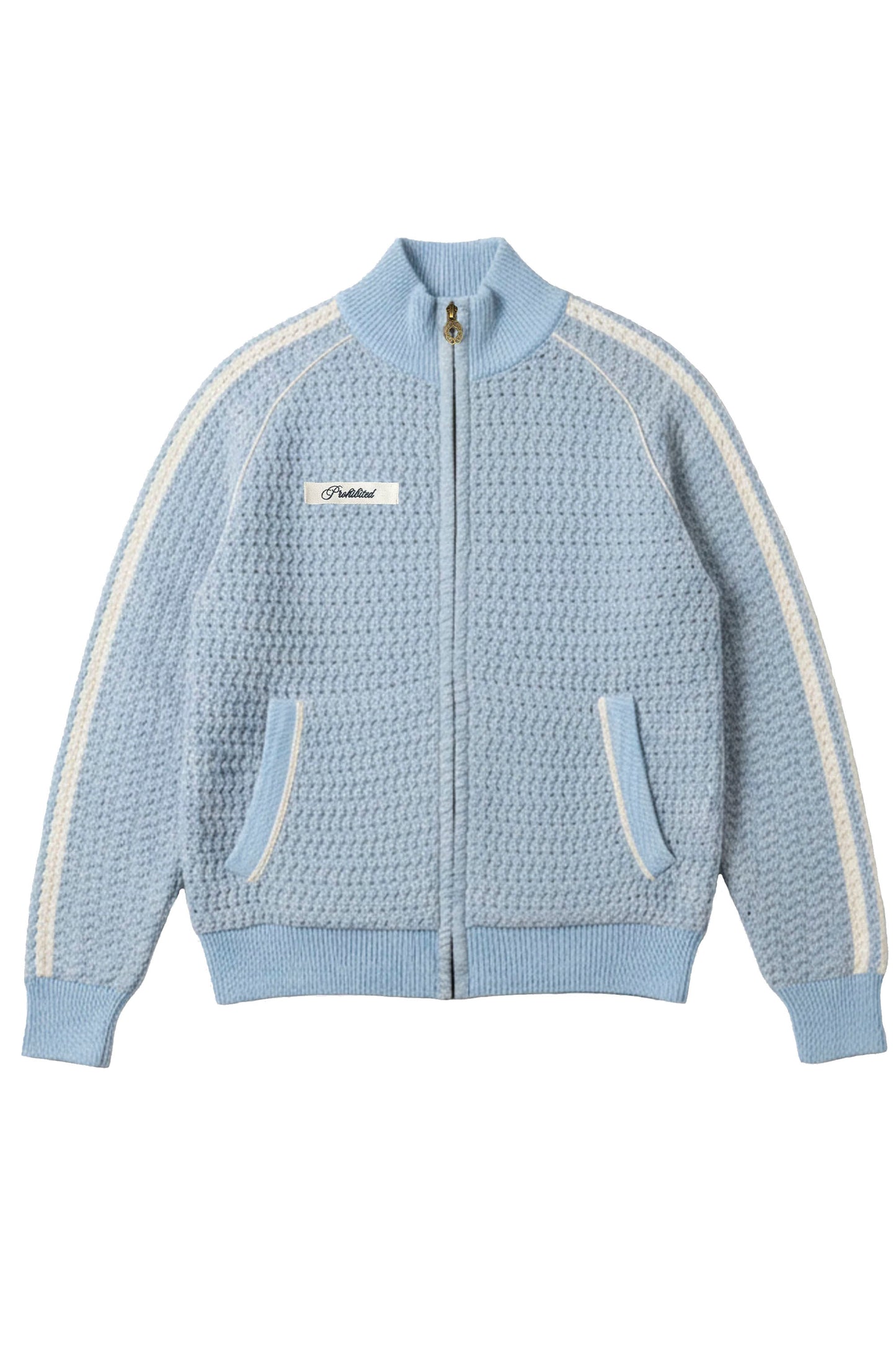 Light blue textured jacket with white stripes on a white background