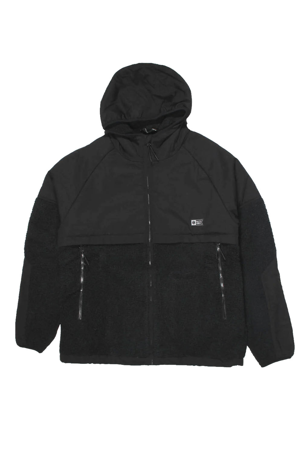 A black hooded jacket with a zip-up front, featuring a textured upper body and smoother lower body, with a small white logo on the left chest, displayed against a plain white background.