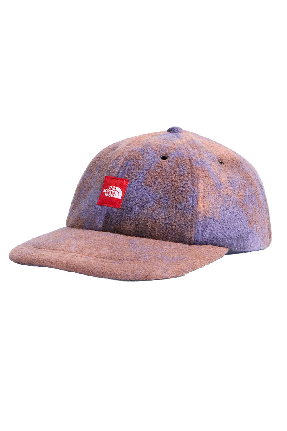 A The North Face 6-panel snapback cap in a textured, heathered purple and brown colorway, featuring a red brand patch on the front, set against a plain white background.