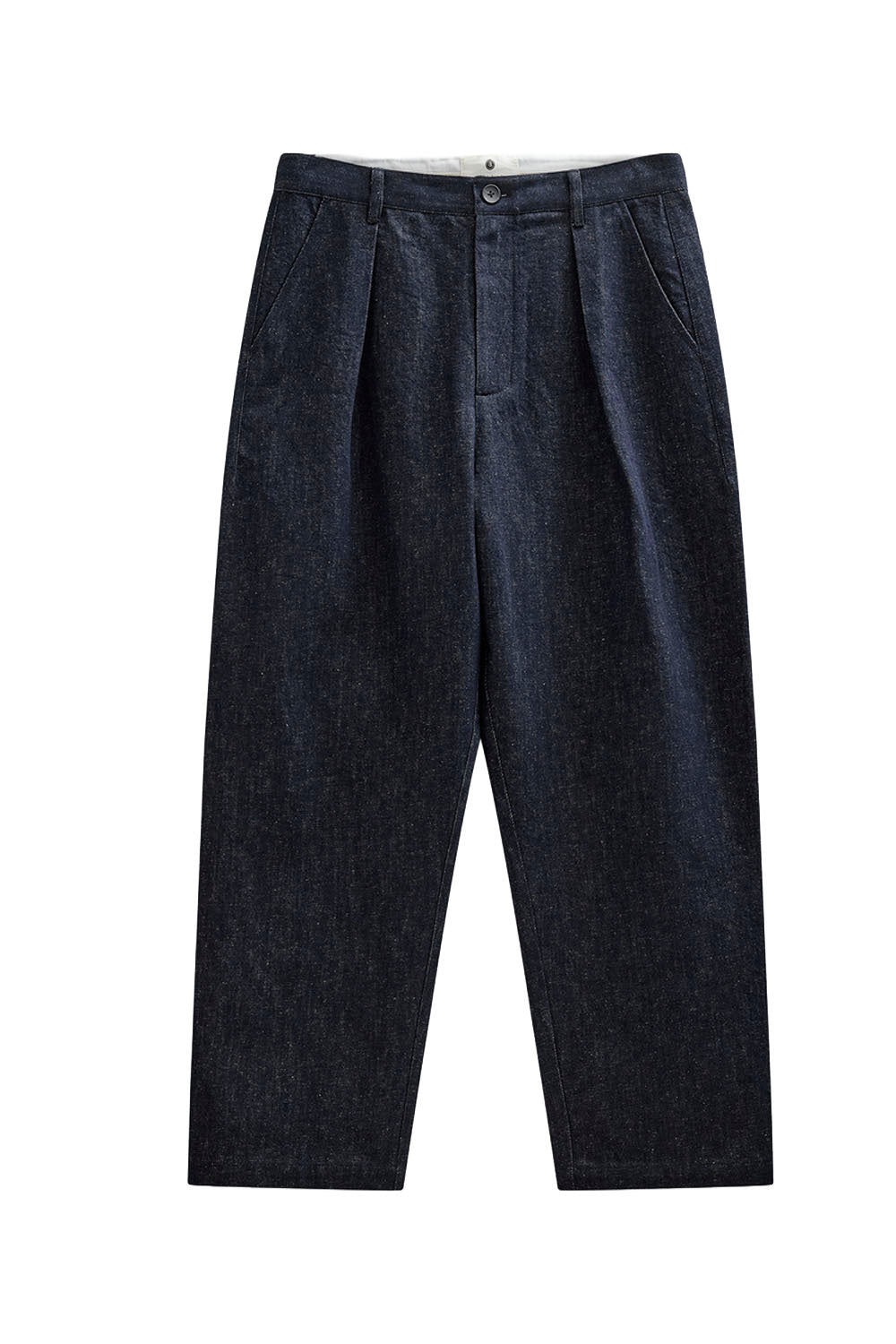 Black denim pants with a white label on a white background