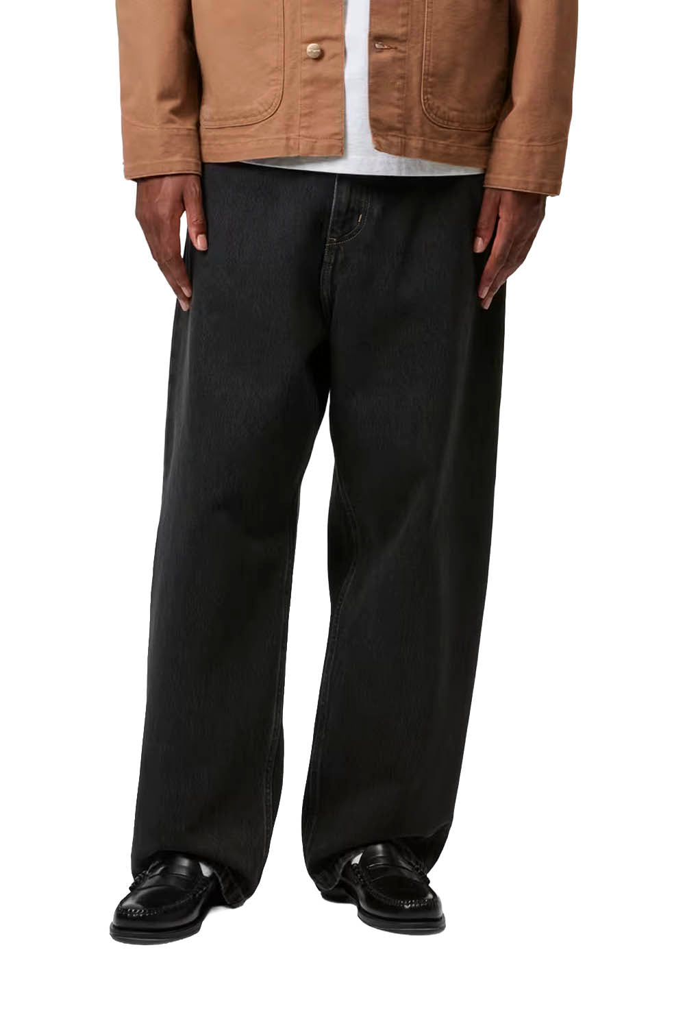 Man wearing a brown jacket, white shirt, black pants, and black shoes on a white background
