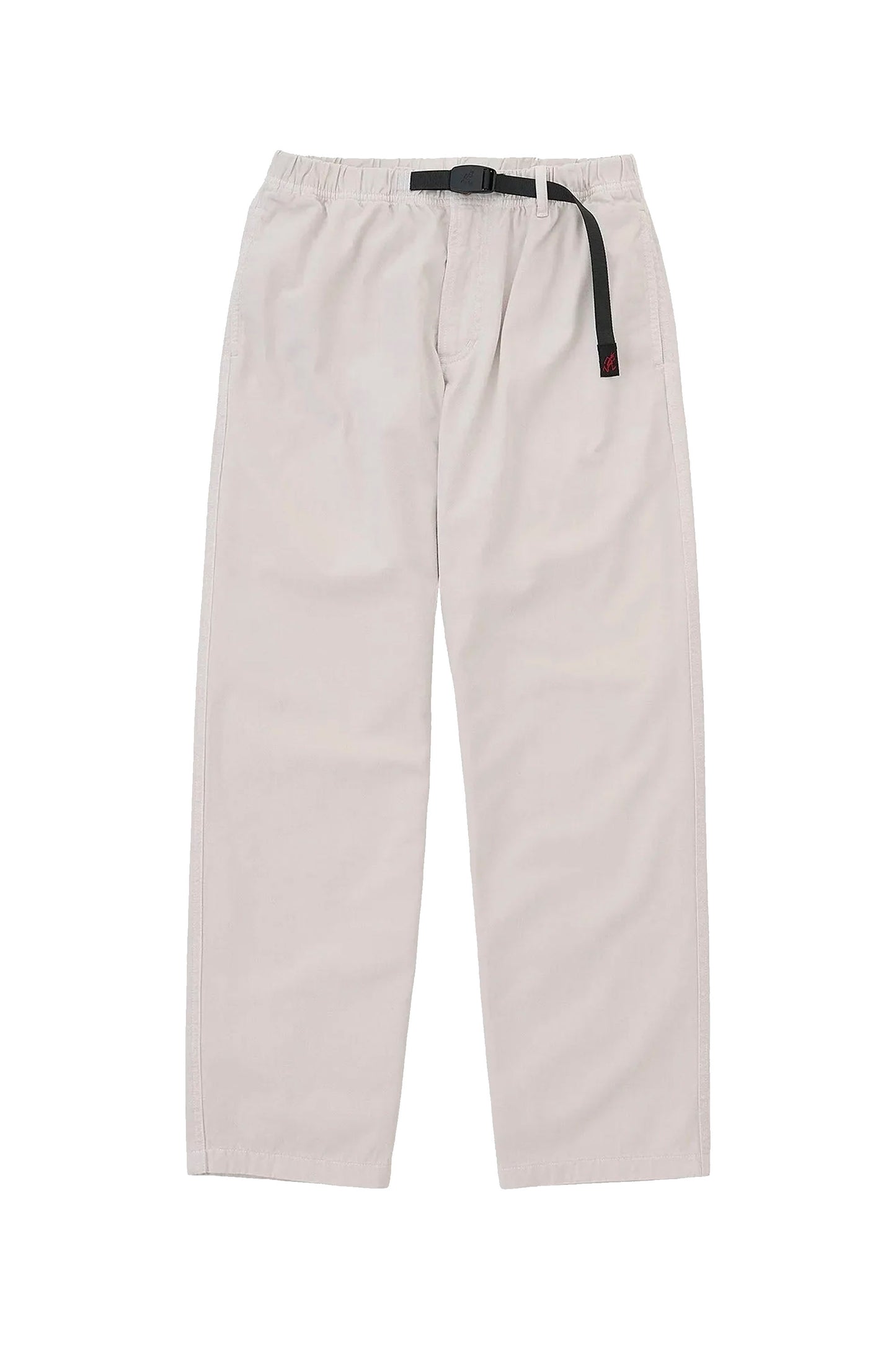 Light gray Gramicci pants with a black belt on a white background