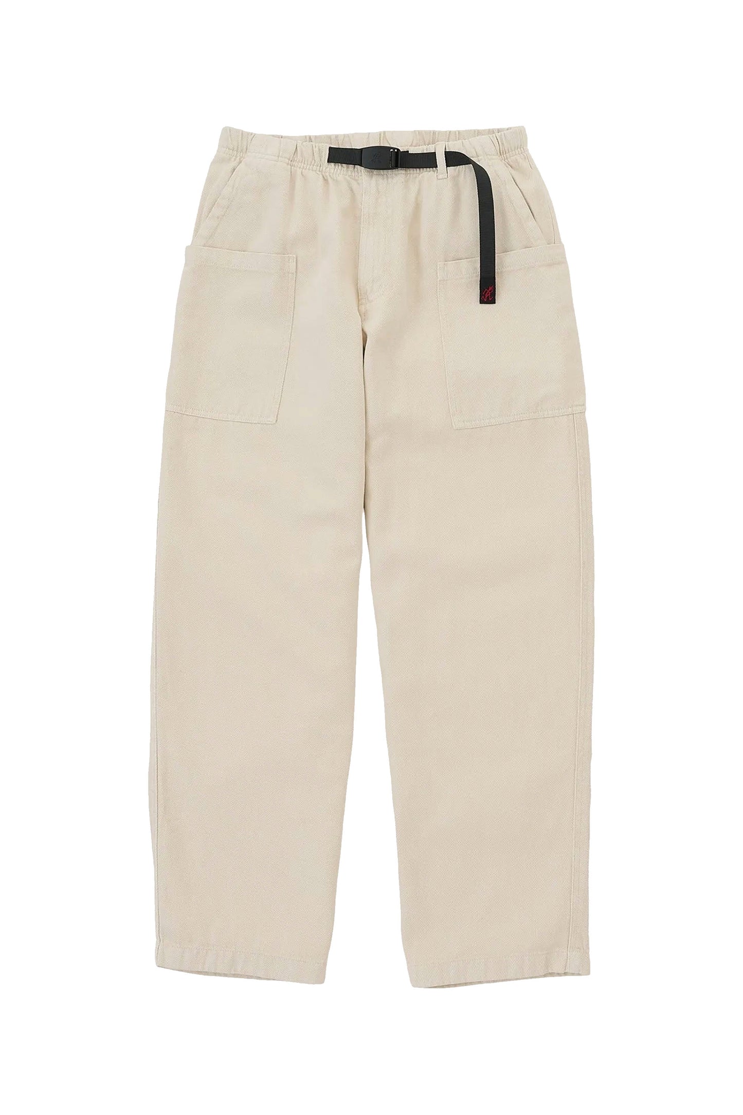 Beige Gramicci hemp pants with a black belt on a white background