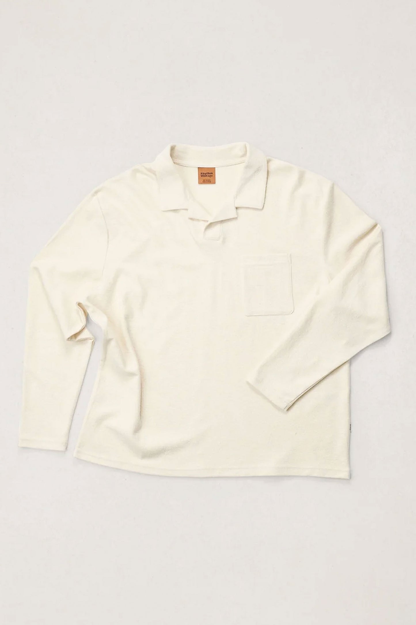 Rhythm Vintage Terry Longsleeve Polo in natural - front view showing self collar, chest pocket and long sleeves