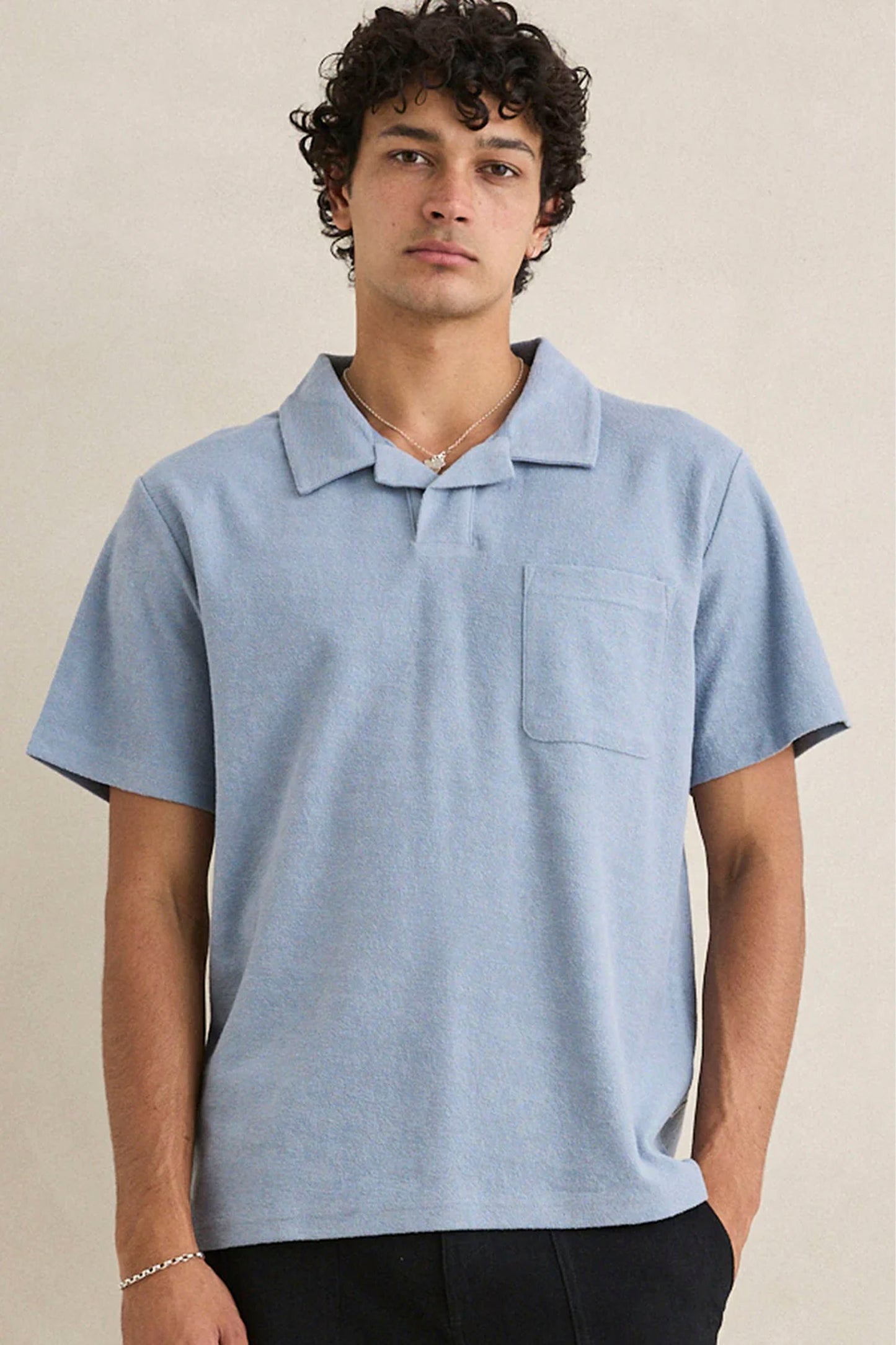 Rhythm Vintage Terry Polo in blue - front view showing chest pocket 