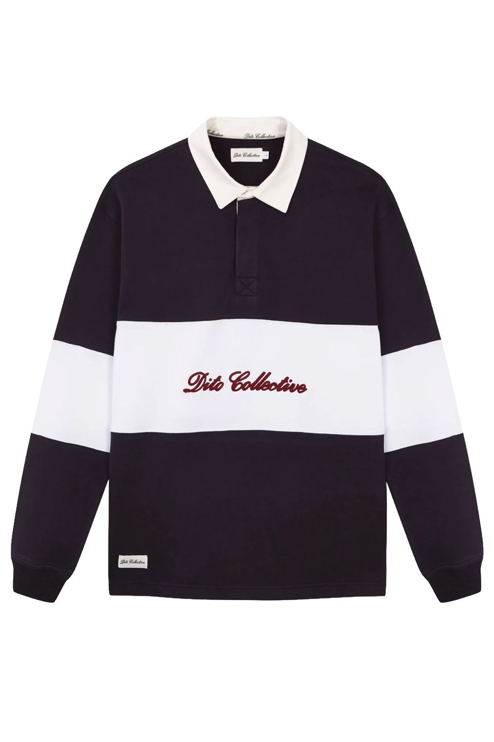 A long-sleeve rugby shirt by Dist Collective in black and white, featuring a white collar, a white chest stripe with the brand name embroidered in red script, and a white sleeve stripe.