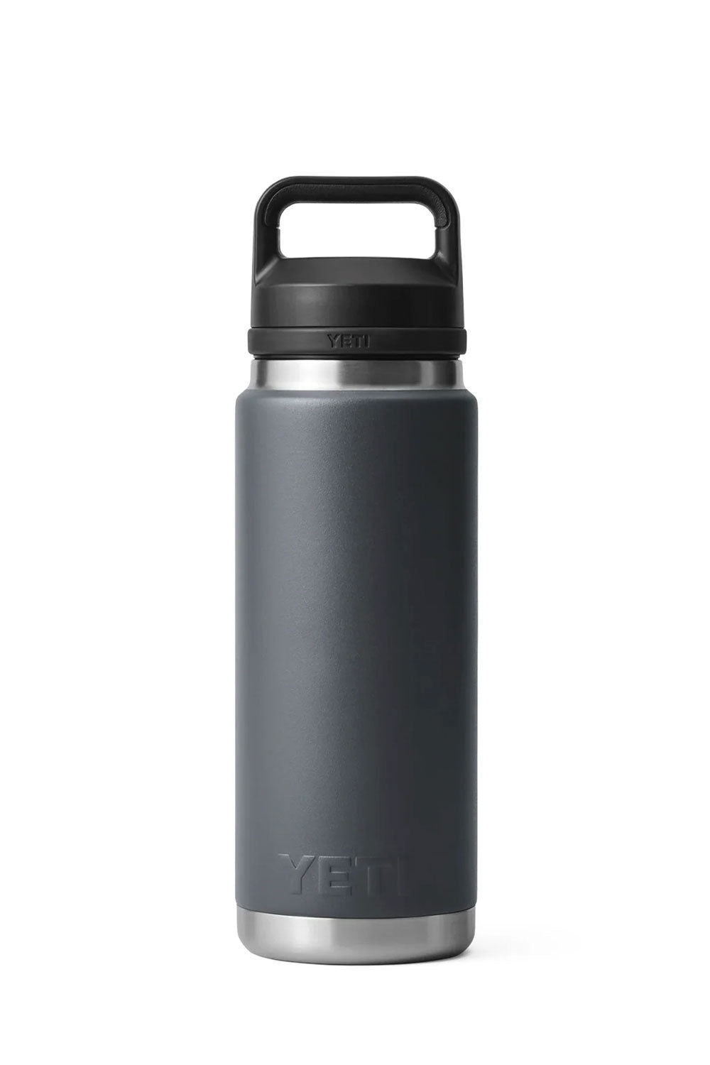 A YETI insulated water bottle with a matte dark gray body, a black lid and carrying loop, and a stainless steel base, shown on a plain white background.