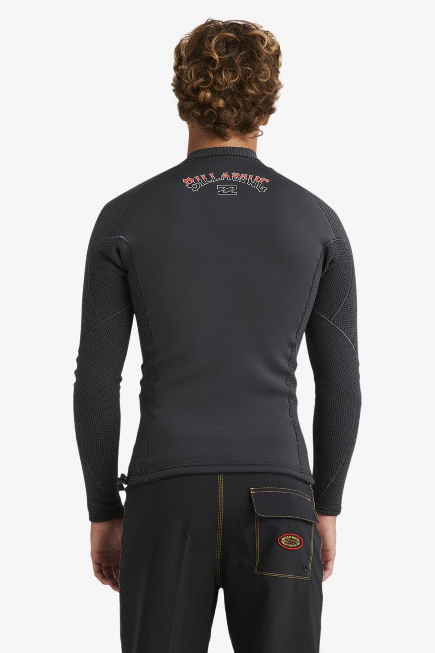Man wearing Billabong black 1mm rashguard on a white background