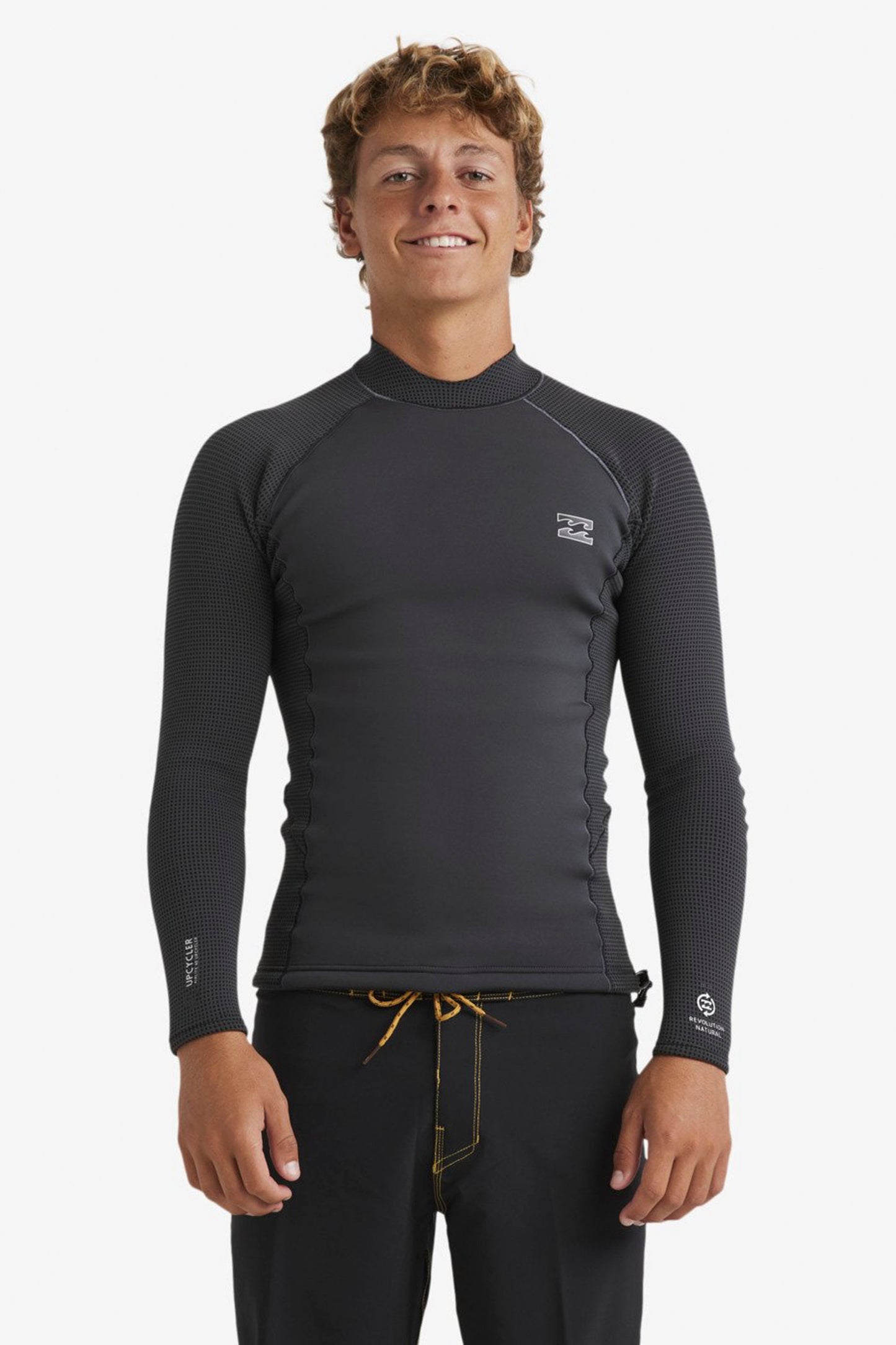 Man wearing Billabong black 1mm rashguard on a white background