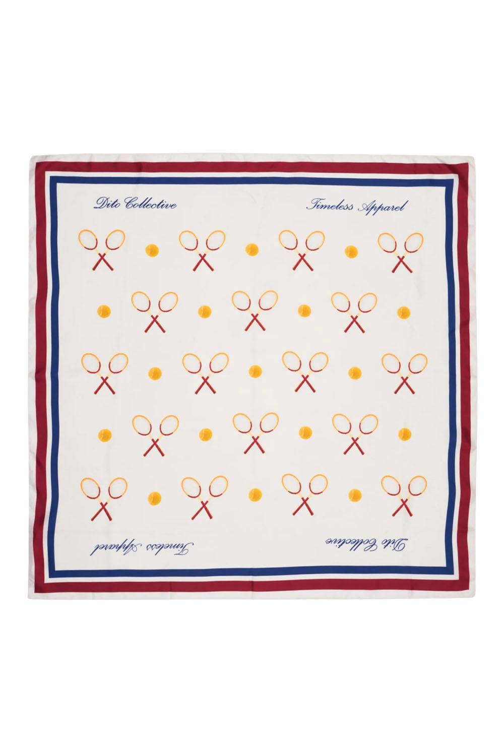 A square scarf with a white background, featuring a border of red and blue stripes, and a repeating pattern of orange tennis rackets and yellow dots. The text 'Elite Collection' and 'Tennis Apparel' is printed on the top and bottom.