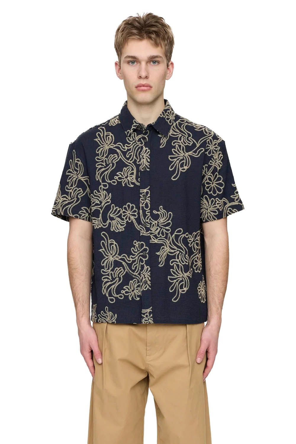 Anerkjendt Akotto Emb short-sleeve shirt in Sky Captain navy with embroidered floral pattern — front view — Pukas Surf Shop