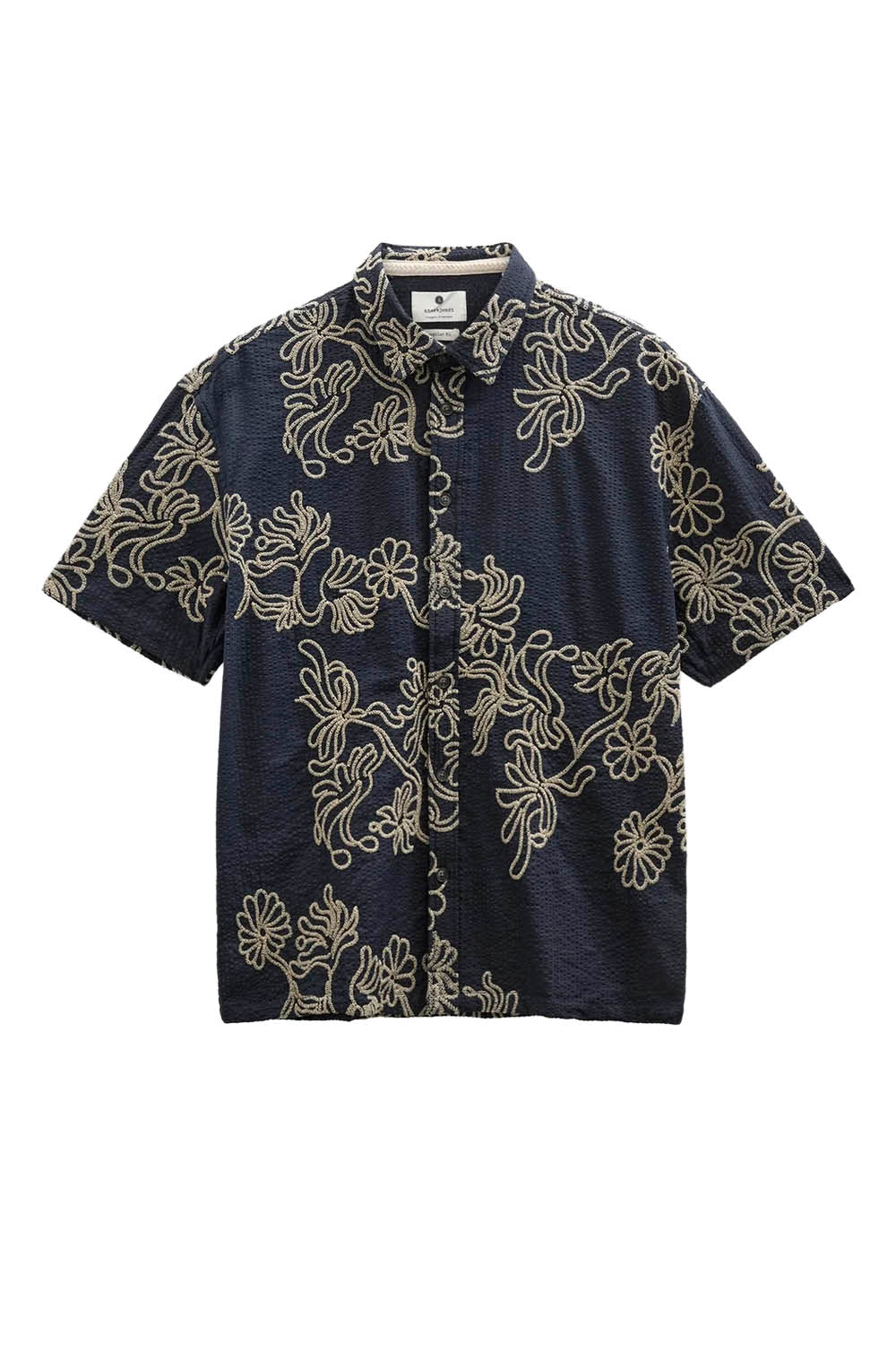 Anerkjendt Akotto Emb short-sleeve shirt in Sky Captain navy with embroidered floral pattern — front view — Pukas Surf Shop
