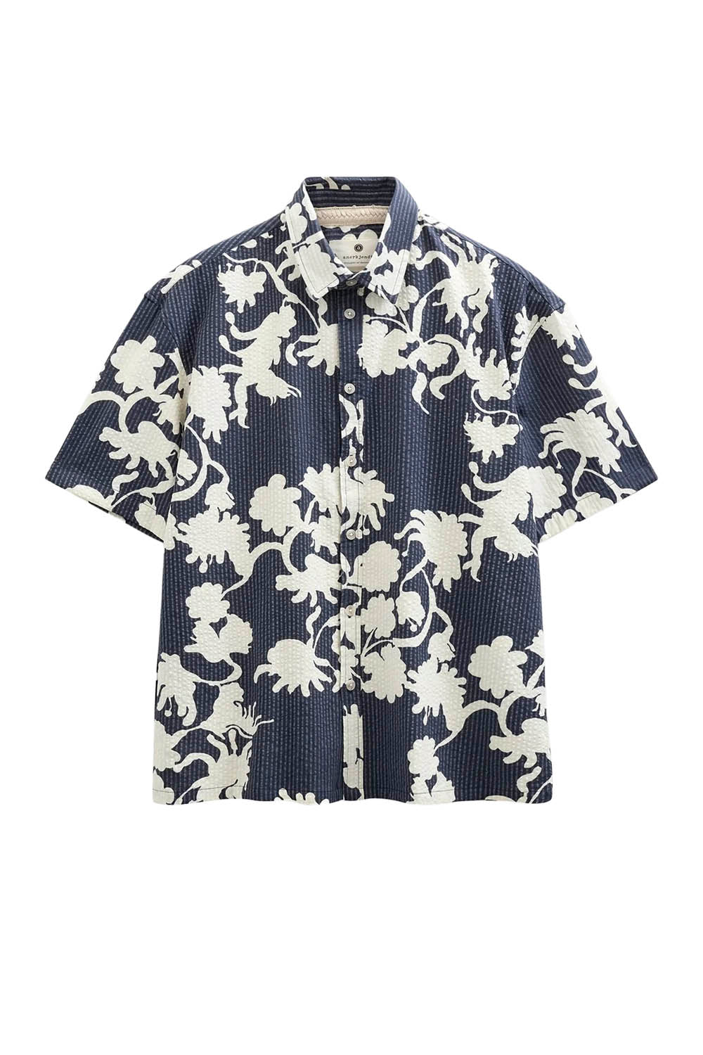 Navy blue shirt with white floral pattern on a white background
