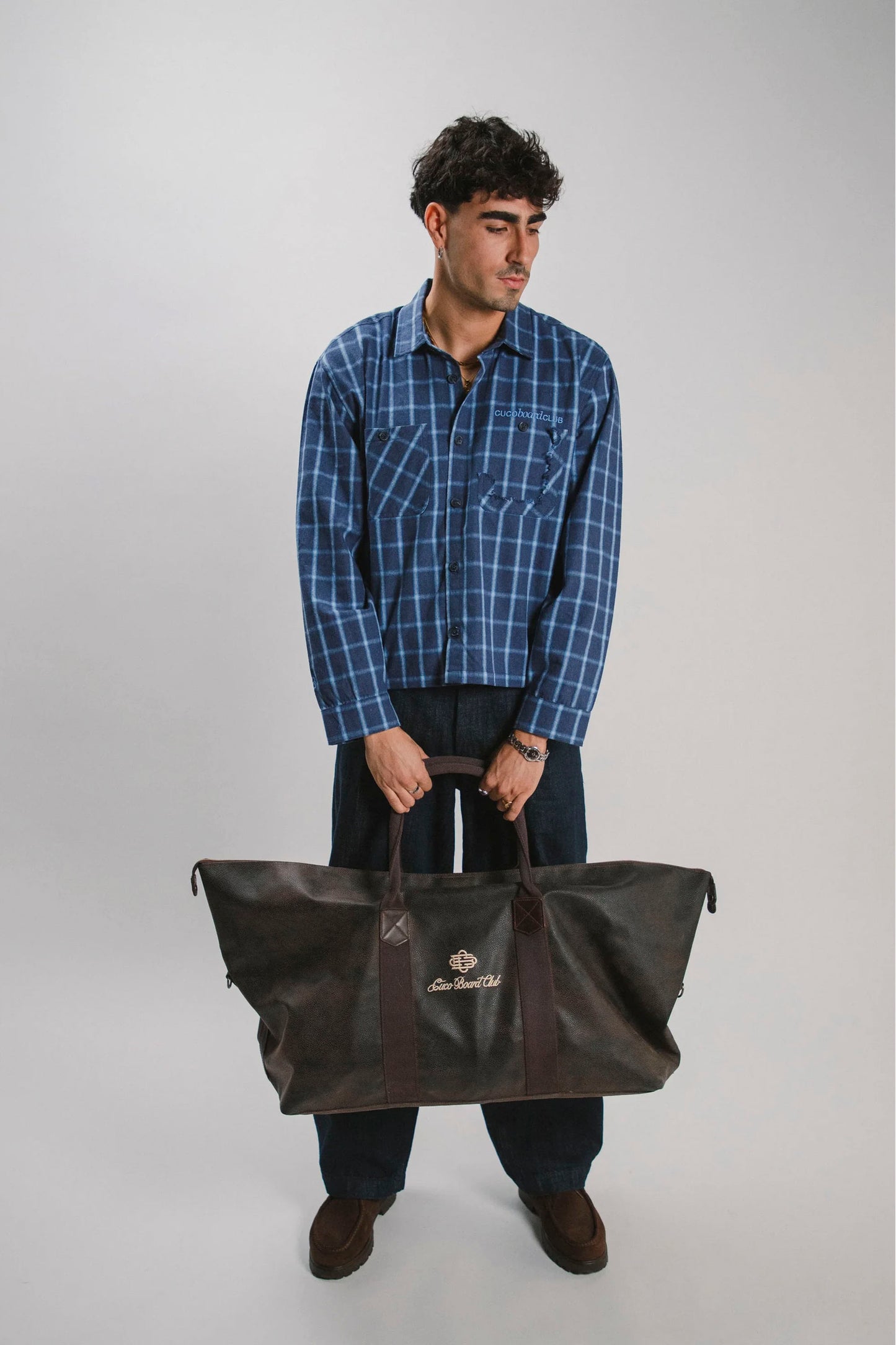 CUCO BOARD CLUB Indigo Overshirt navy windowpane plaid cropped overshirt unisex coastal style