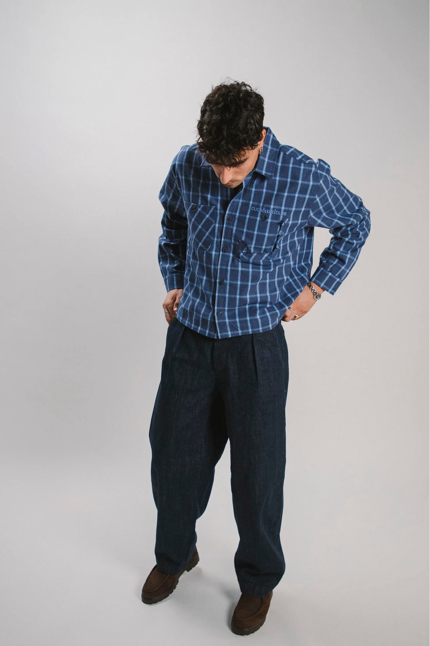 CUCO BOARD CLUB Indigo Overshirt navy windowpane plaid cropped overshirt unisex coastal style