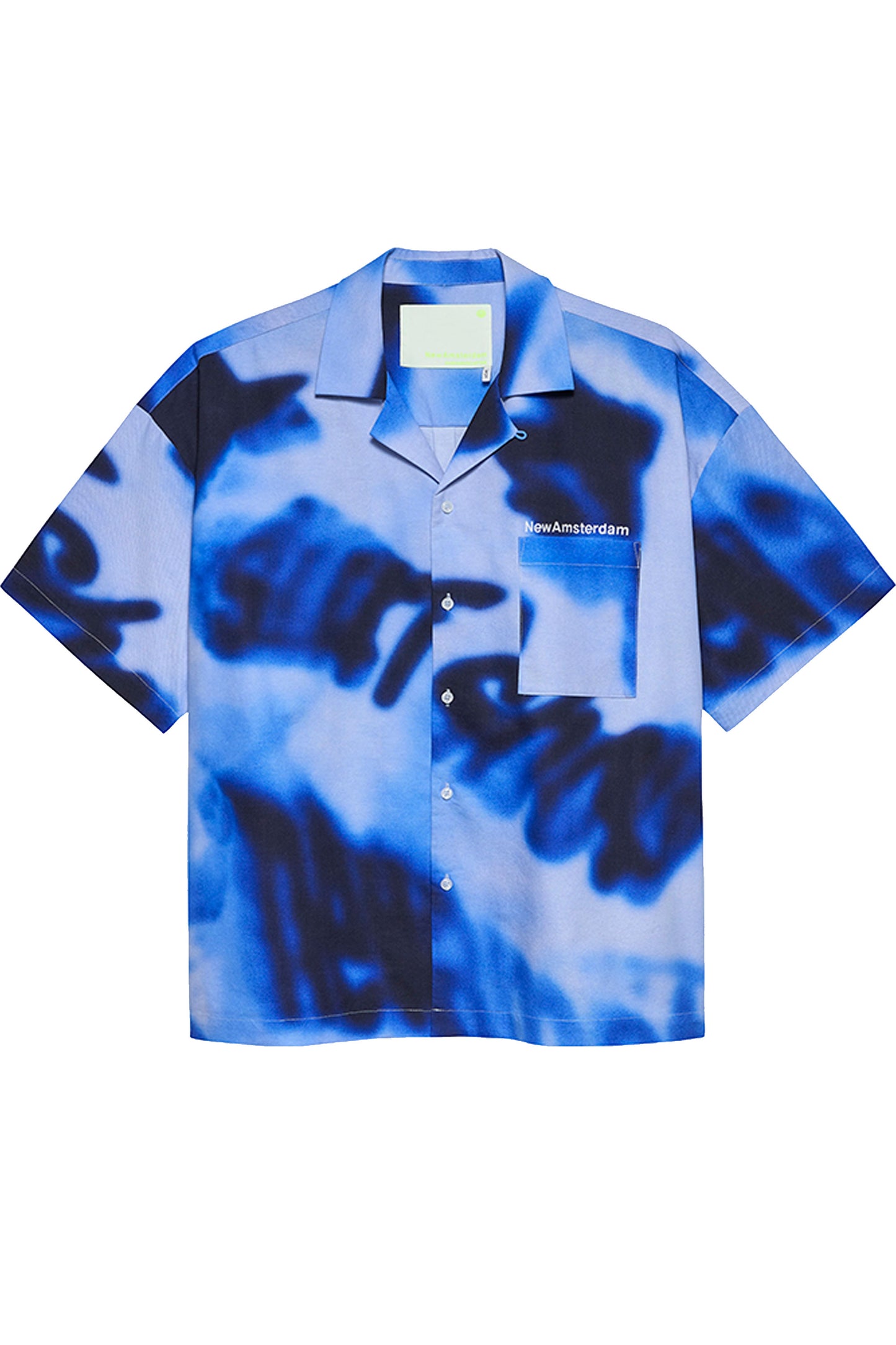Blue and black tie-dye shirt with a brand logo on a white background