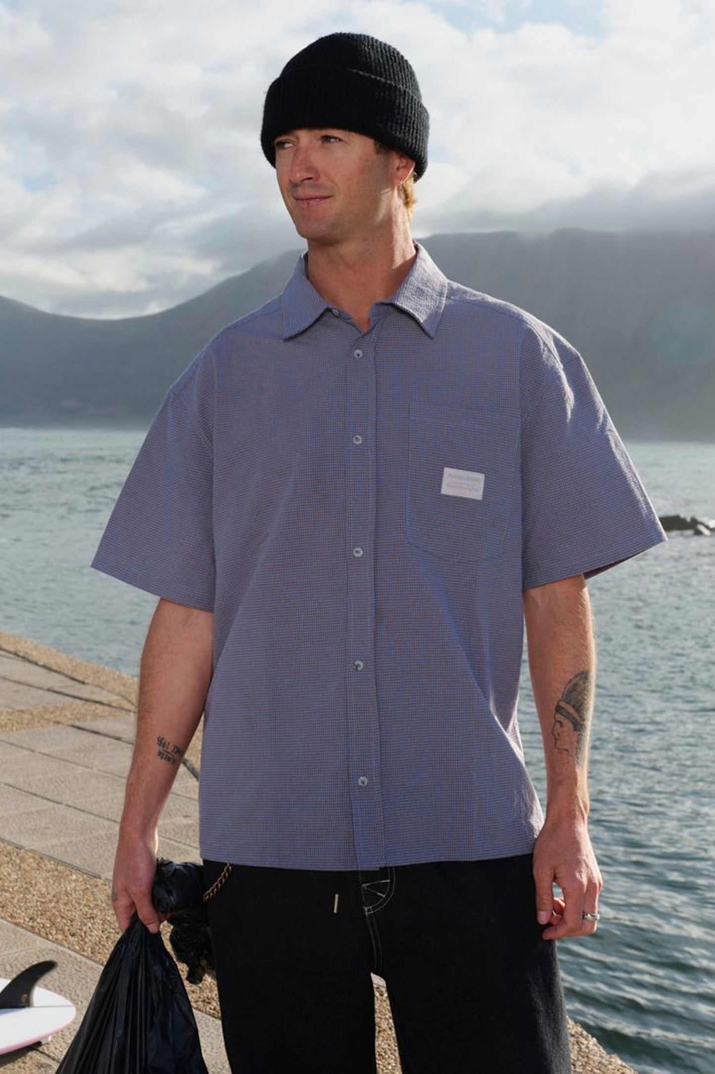 Pukas Mini Checks Shirt Brown – men's cotton-poly blend mini check shirt in warm brown tones, styled for surf lifestyle