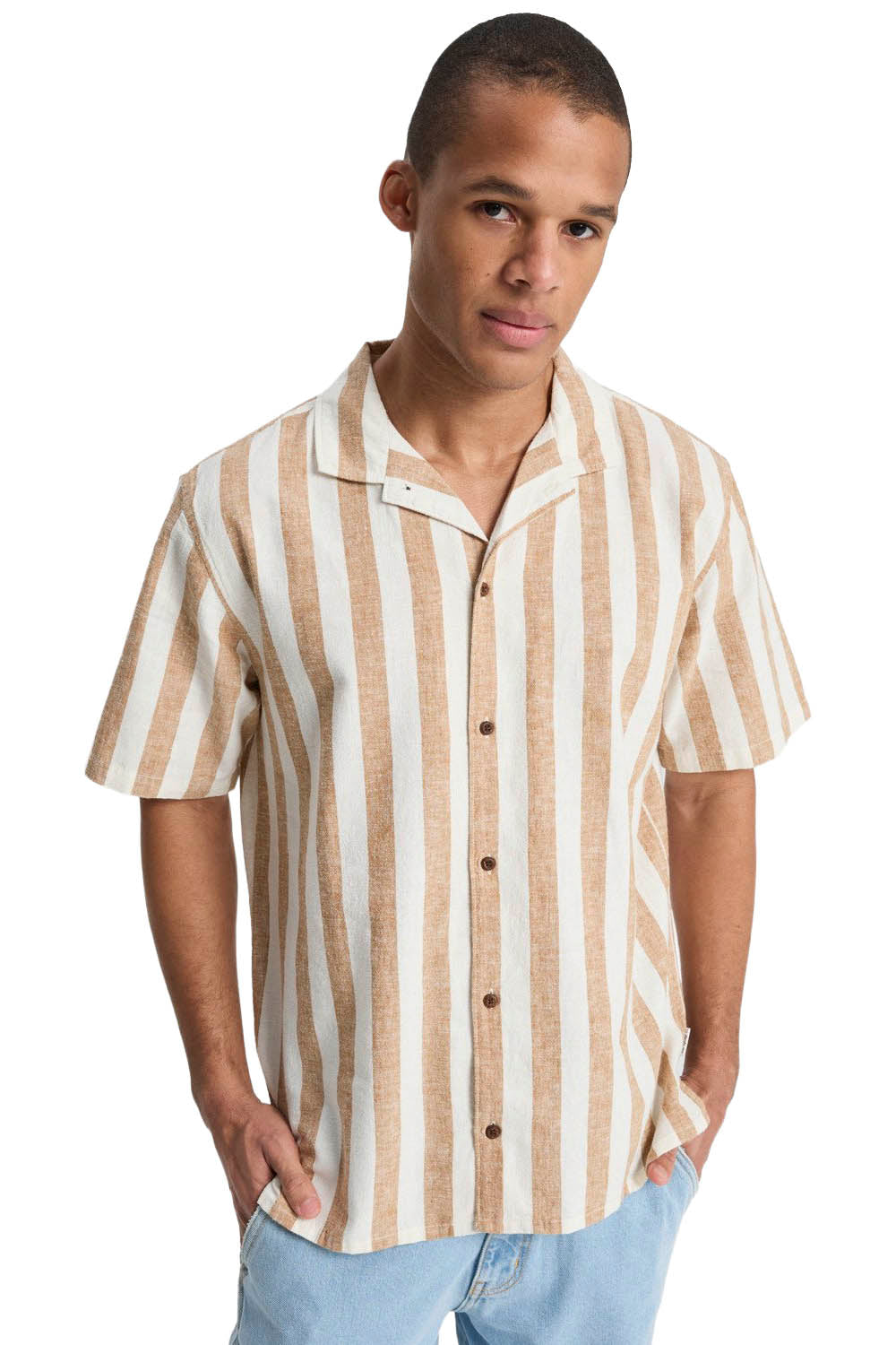 Man wearing a striped shirt on a white background