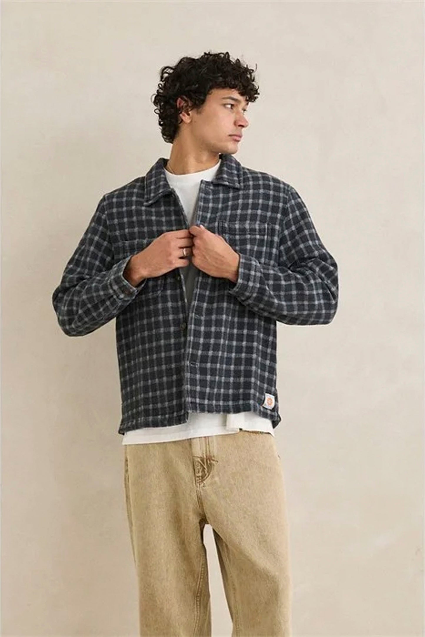 RHYTHM Jacquard Check Longsleeve Shirt in charcoal - men's 100% cotton long sleeve shirt with check pattern