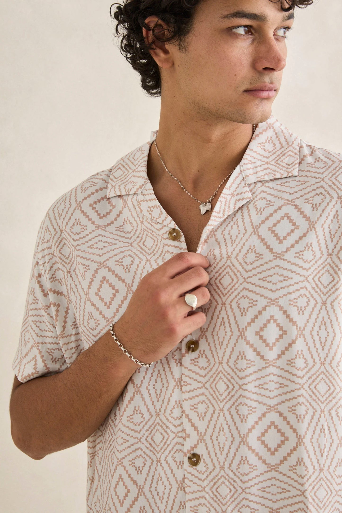 RHYTHM Mosaic Shirt in Tobacco - Lightweight chiffon men's short sleeve shirt with artistic mosaic print and front button closure