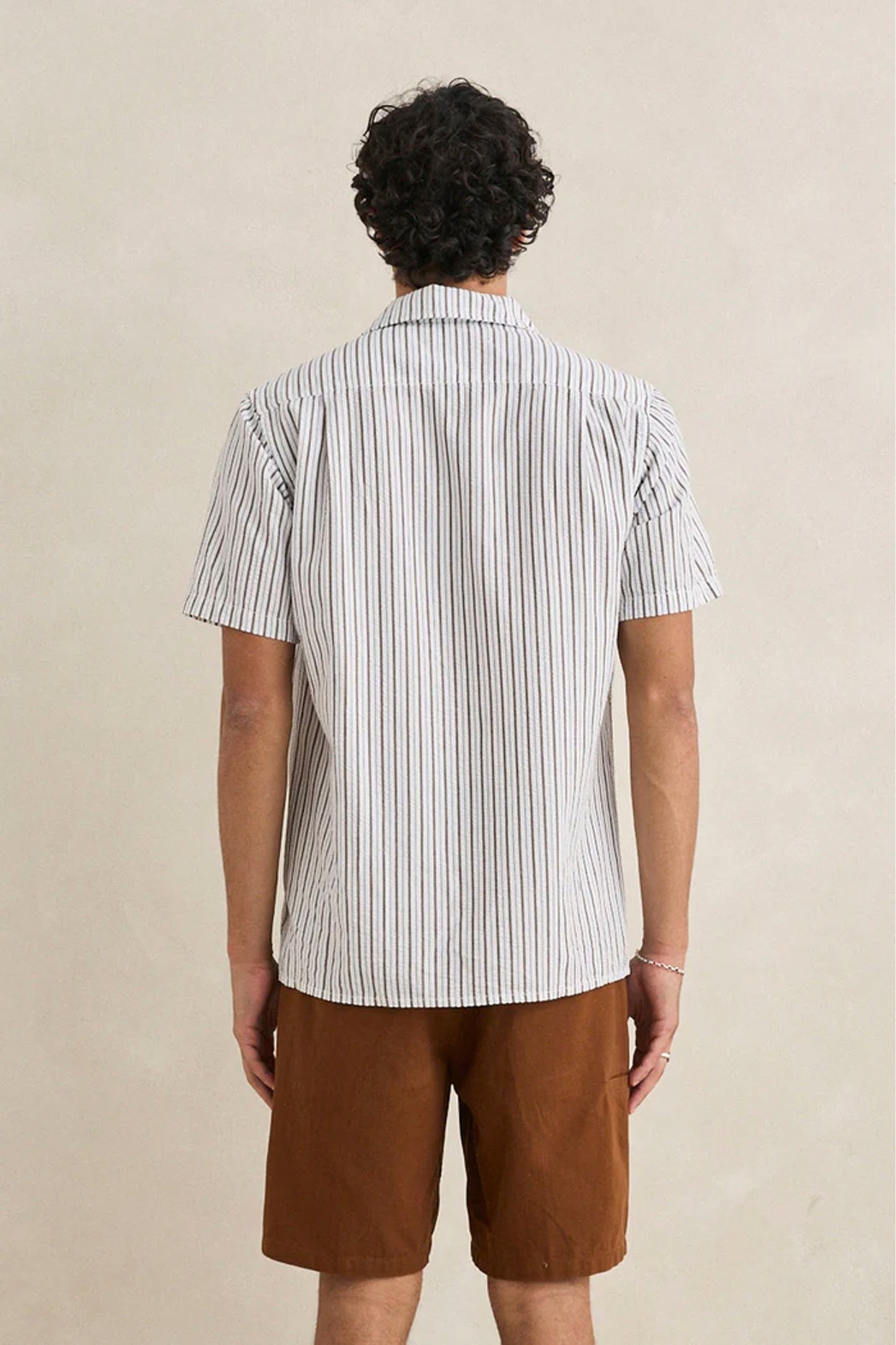 RHYTHM Seersucker Stripe Shirt in Cedar - Classic fit men's short sleeve shirt with yarn-dyed cotton seersucker stripes and chest pocket