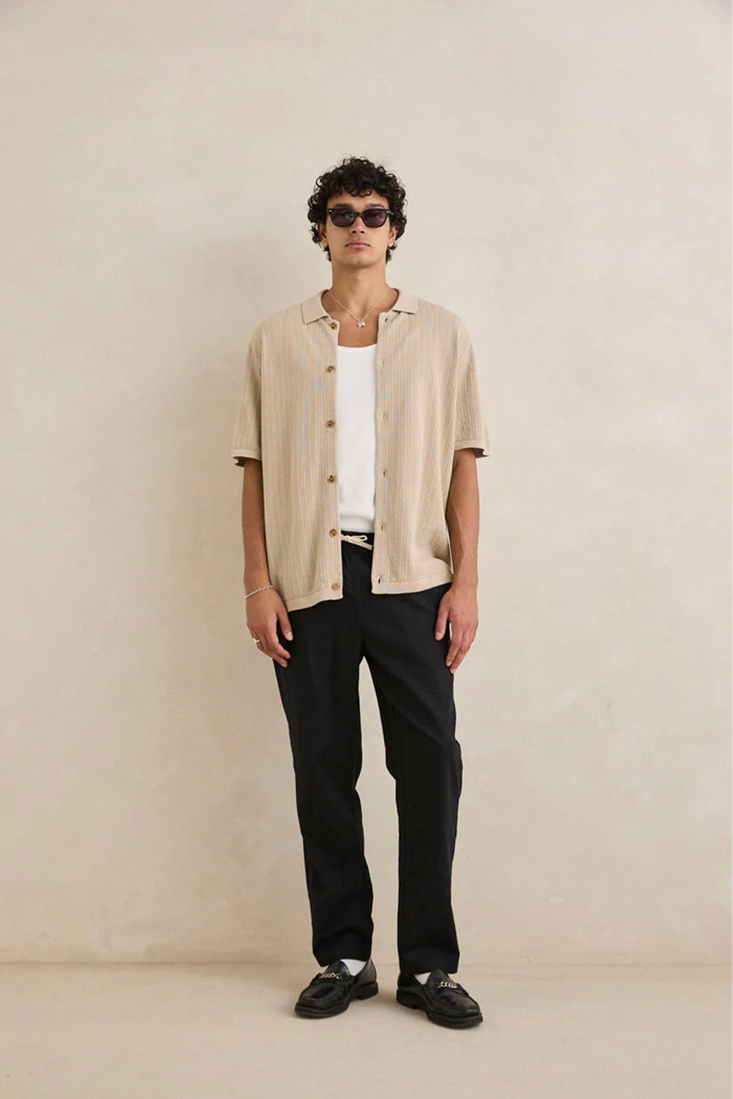 RHYTHM Textured Knit Shirt in stone - men's cotton knit short sleeve shirt with natural texture