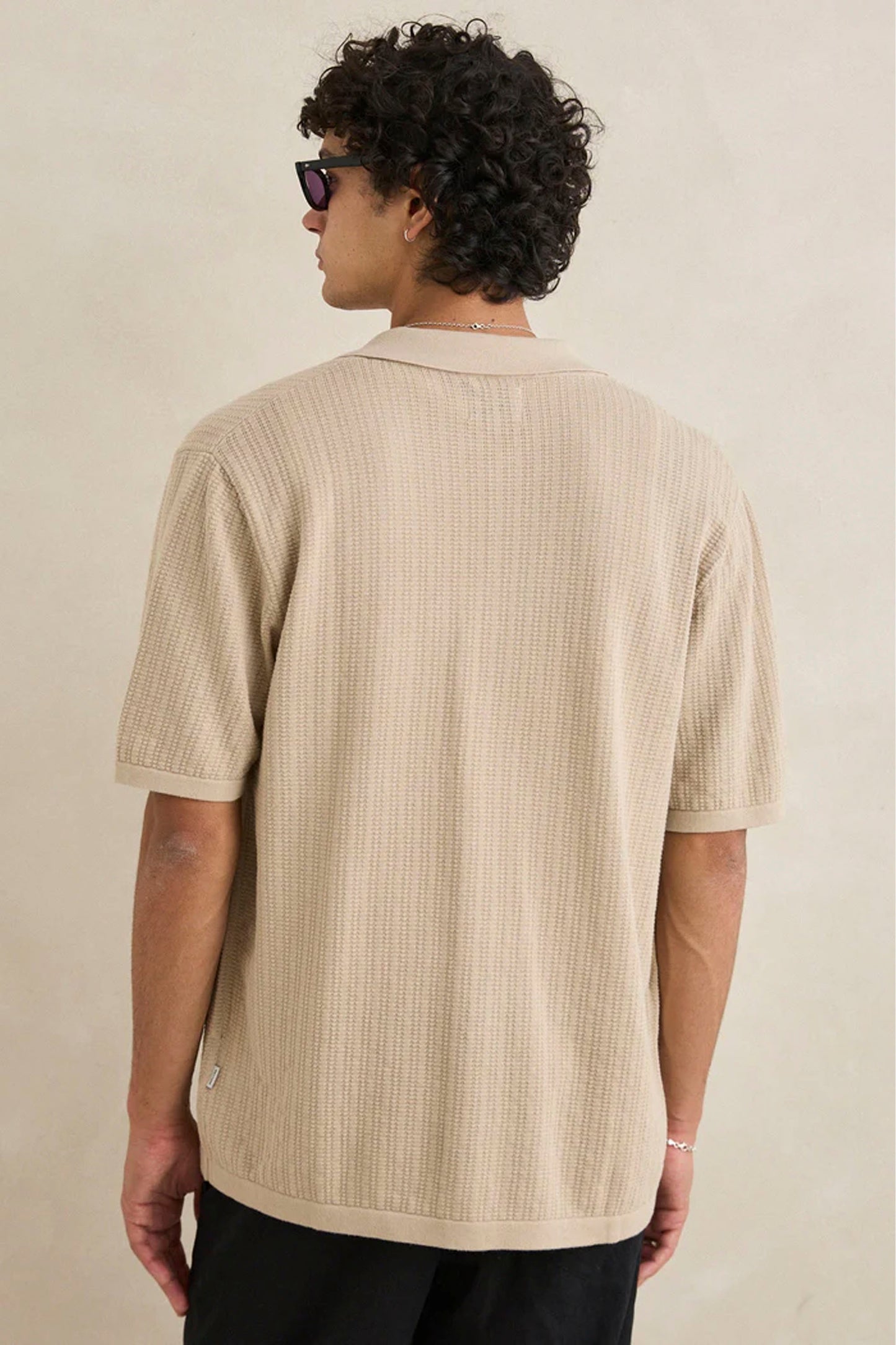 RHYTHM Textured Knit Shirt in stone - men's cotton knit short sleeve shirt with natural texture