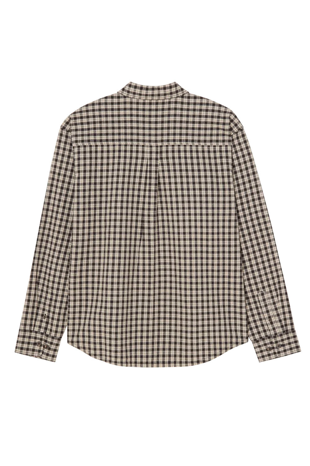 A long-sleeve button-up shirt with a brown and beige gingham check pattern, shown from the back on a plain white background.