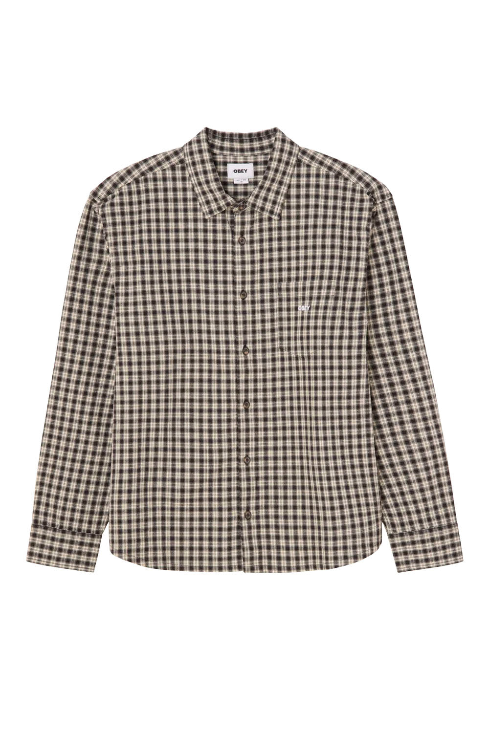 A long-sleeve button-up shirt with a brown and beige gingham check pattern, featuring a pointed collar, button-down front, and a small embroidered logo on the left chest.