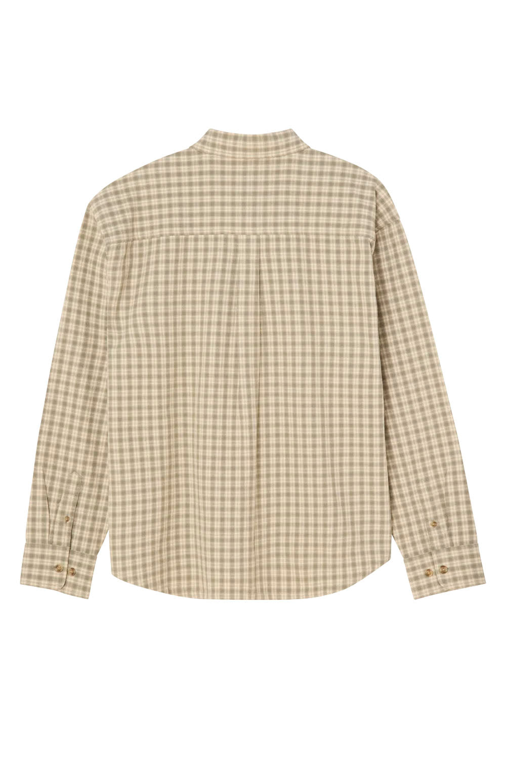 A beige and brown checkered long-sleeve shirt shown from the back, featuring a high collar, button cuffs, and a subtle pleated design at the center back, set against a plain white background.