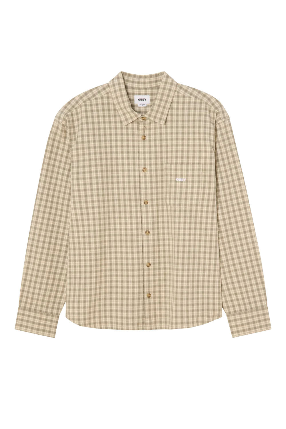 A beige and brown checkered long-sleeve button-up shirt with a pointed collar, displayed flat against a solid white background.
