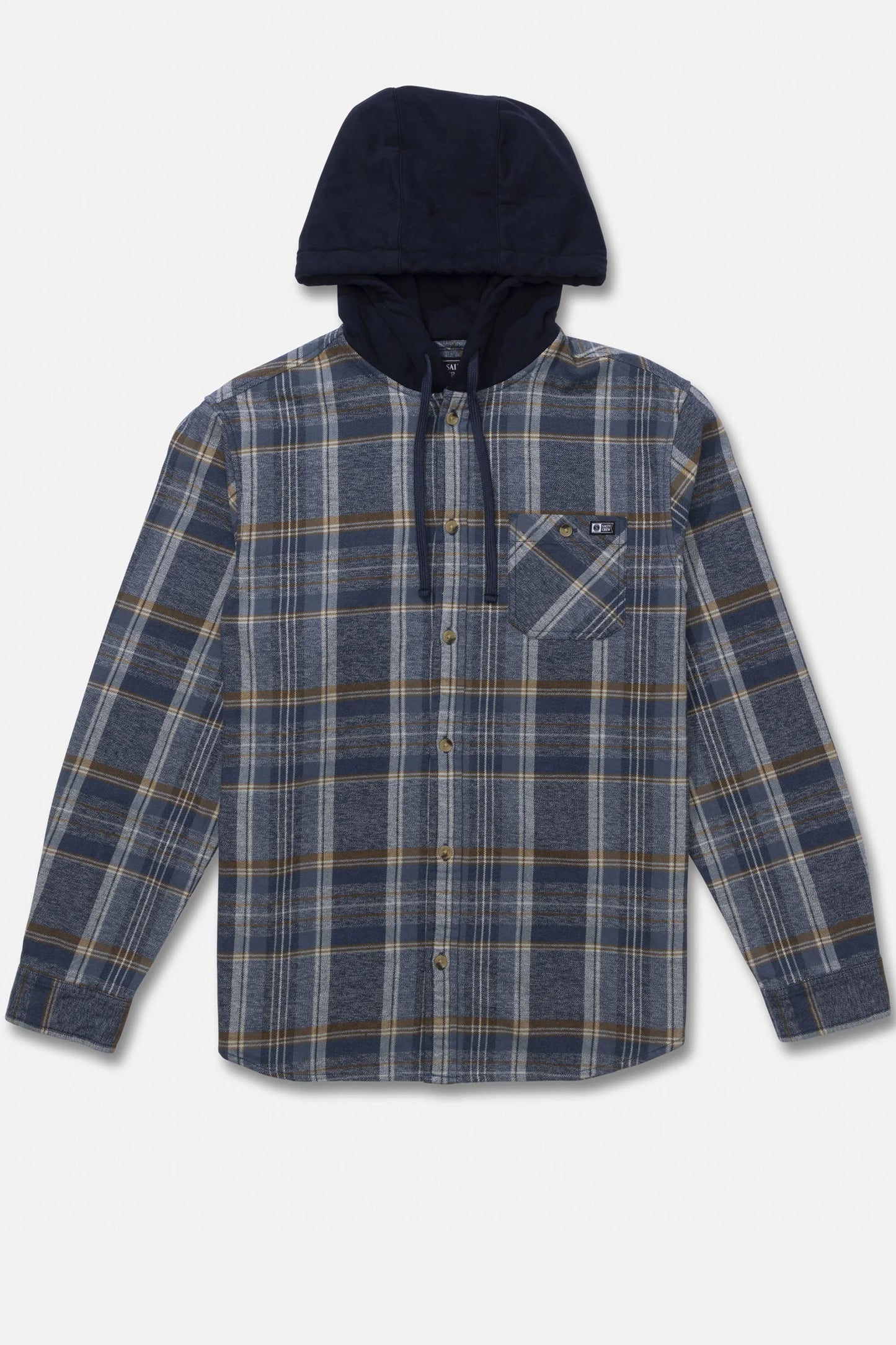 Pukas Surf Shop Salty Crew men’s hooded flannel shirt in midnight navy