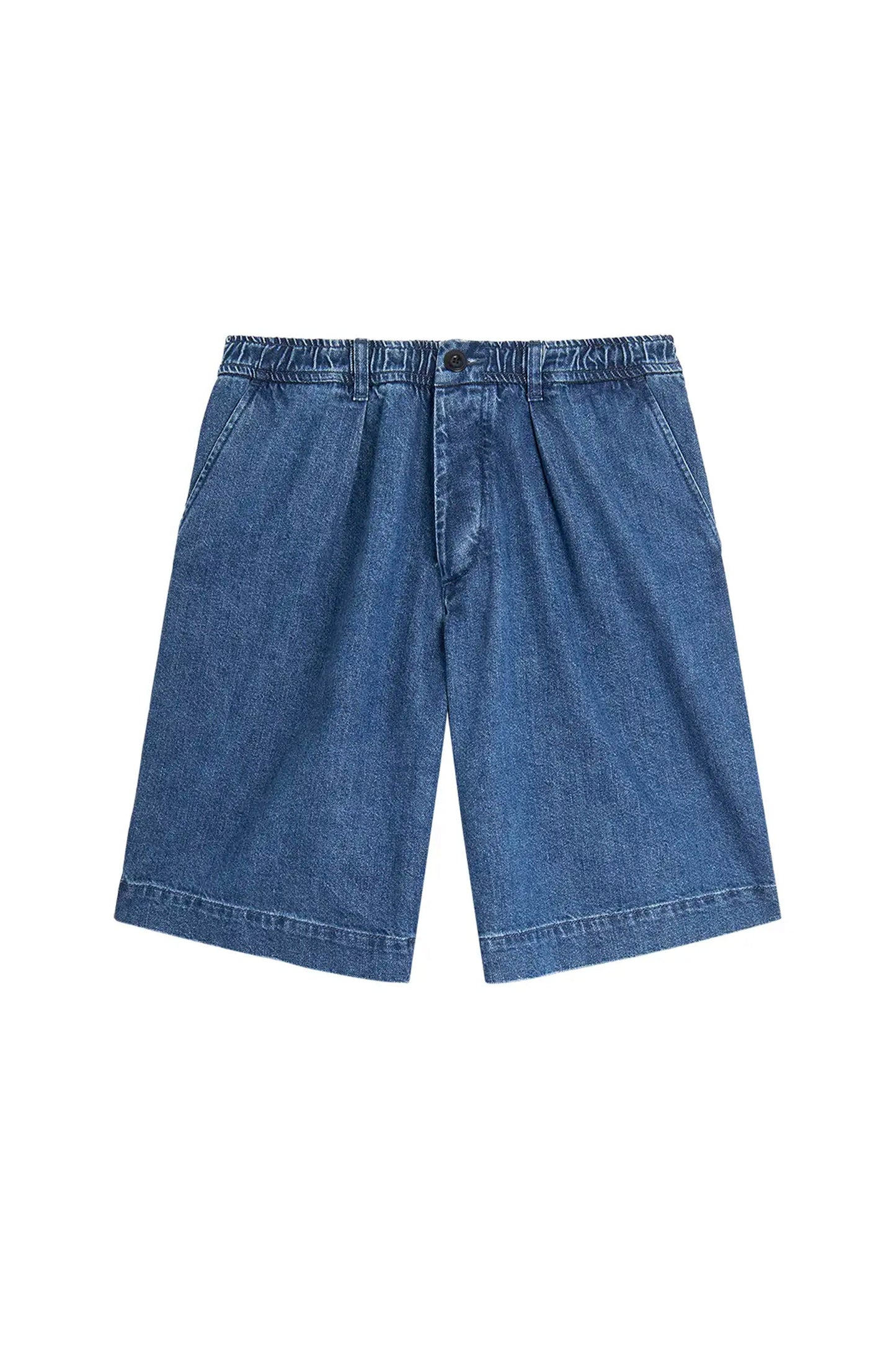 Bask In The Sun Alfredo Short Denim — front view, relaxed fit shorts with elasticated waistband
