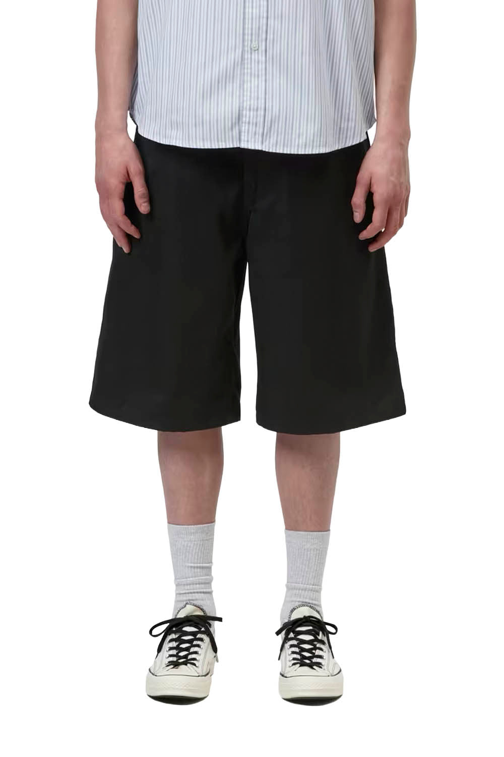 Person wearing black shorts, a white shirt, and white sneakers on a white background