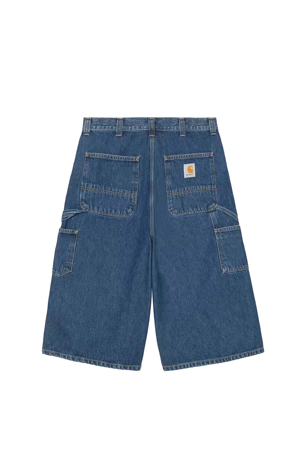 Blue denim shorts on a white background
